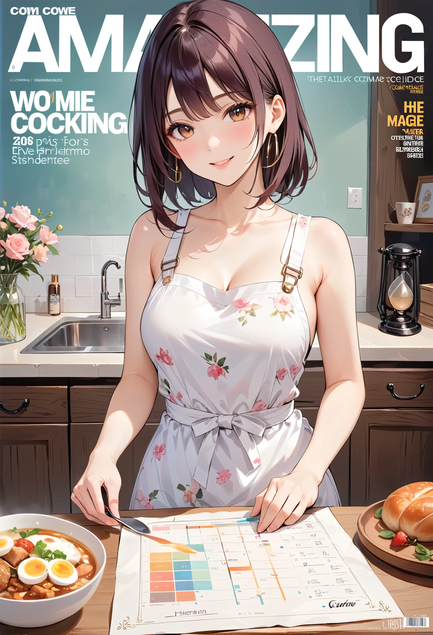 (best quality,masterpiece:1.2),Woman Cooking Magazine Cover,1 girl,20 years old,amazing,cute,warm smile,hourglass chart,floral dress,apron,food,letter,chart,magazine title