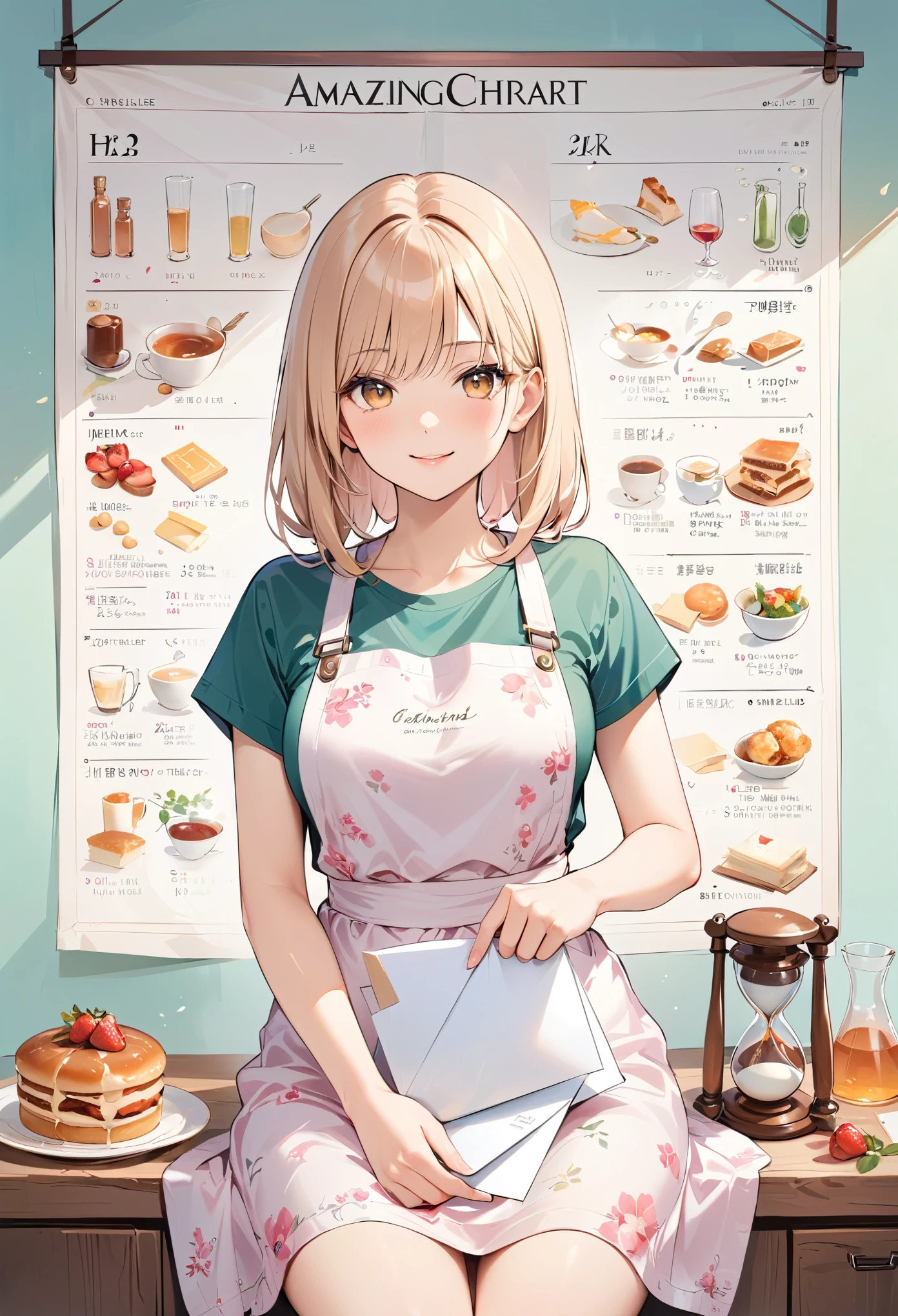 (best quality,masterpiece:1.2),Woman Cooking Magazine Cover,1 girl,20 years old,amazing,cute,warm smile,hourglass chart,floral dress,apron,food,letter,chart,magazine title