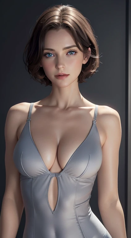 Skin Tight Looking at Viewer, Cinematic lighting, Perfect, softlight, High resolution skin:1.2, Realistic skin texture, 30 years old nude woman、a small face、no-makeup、, off shoulders,Bust B Cup、 Exposed cleavage, Blue eyes, Short hair, dark brown hair、Gray background、
