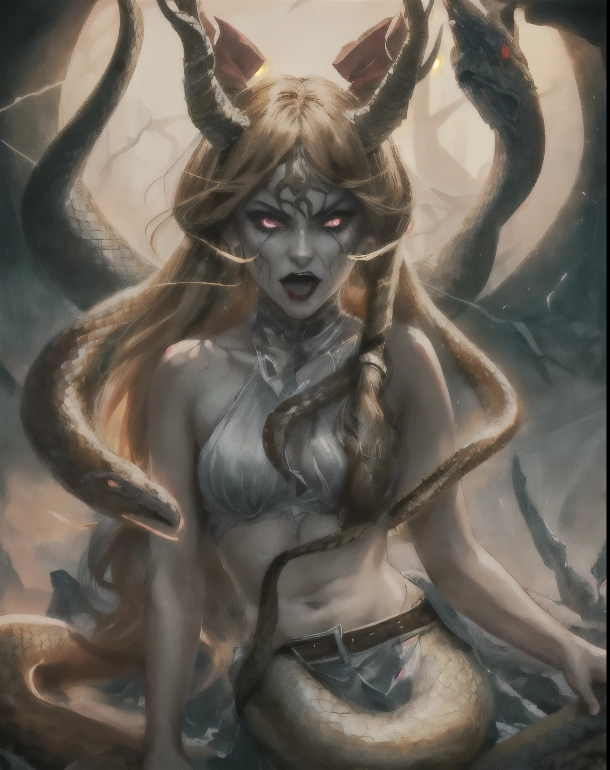 gorgon, gray skin, nsfw, snake eyes, angry face, gothic makeup, tribal markings, (masterpiece),  best quality, highres, 4k, 8k, Detailed Illustration, intricate detail, cinematic lighting, amazing quality, amazing shading, soft lighting, upper body, midriff, breasts, torso, scales, snake hair, snakes, fangs, ibuki_suika_touhou, orange hair, very_long_hair, red_eyes,