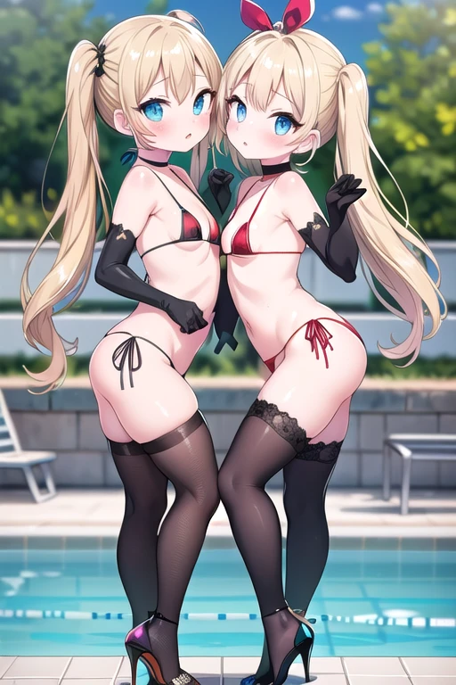 (((One Girl))), A girl is posing for a photo, pretty girl, Enchanting girl, Beautiful Anime Girls, (((A young, short 5-year-old girl))), 

((Blonde, Very long hair in twin tails:1.4, Forehead:1.4), (blue eyes)), 
((((red micro bikini:1.8, Black elbow gloves:1.8, Black knee-high stockings:1.8, Black High Heels:1.8))), 
((Black choker)), 
BREAK 

((Small breasts)),
(Beautiful Hair, Shiny Hair, Shiny Hair)), 
(Double eyelids, Long eyelashes), 
(Expression of fine eyes, Beautiful and delicate eyes, Sparkling eyes, Eye Reflexes), 
(Beautiful Nose,Thin Nose), 
(Glossy Lips, Beautiful Lips, thick lips), 
(Symmetrical facial features, Perfect Face), (Beautiful breasts), (Detailed skin, Oily skin, Textured skin, Glowing Beautiful Skin), 
BREAK 

(((Seductive expression, blush、Open your mouth)), 
BREAK 
((Poolside:1.4、sunlight))、((Are standing:1.4、Sexy pose:1.4, Face the viewer:1.4, full body)), 
BREAK 

((Ultra-high resolution)), (((masterpiece))), (((highest quality))), ((8k)), (Attention to detail), (Beautiful sparkle), (High detail), (Anatomically correct)), 
((The best CG)), Highly detailed art, CG illustration, ((Line art)), 
