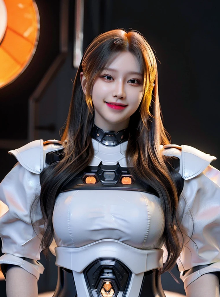 Armoured girl, realistic, long hair, orange black robotics, smile,