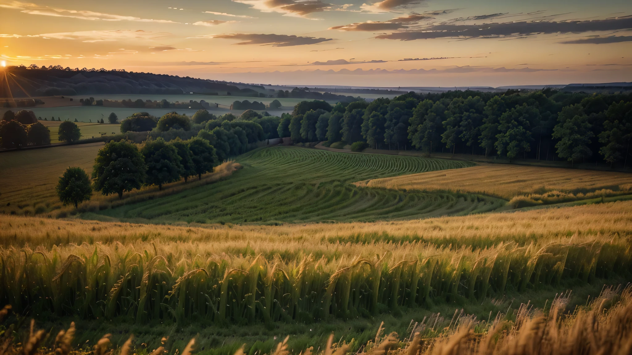 As the sun sets over a field with wheat and a forest in Germany, the scene comes alive in a breathtaking display of colors and textures. The golden hues of the wheat fields contrast beautifully with the deep greens of the forest, creating a stunning panorama. The image, likely a photograph, captures the essence of a serene countryside at dusk. Every detail in the scene is rich and vibrant, from the delicate swaying of the wheat to the shadows playing among the trees. This high-quality image immerses viewers in the beauty of nature, evoking a sense of peace and tranquility.