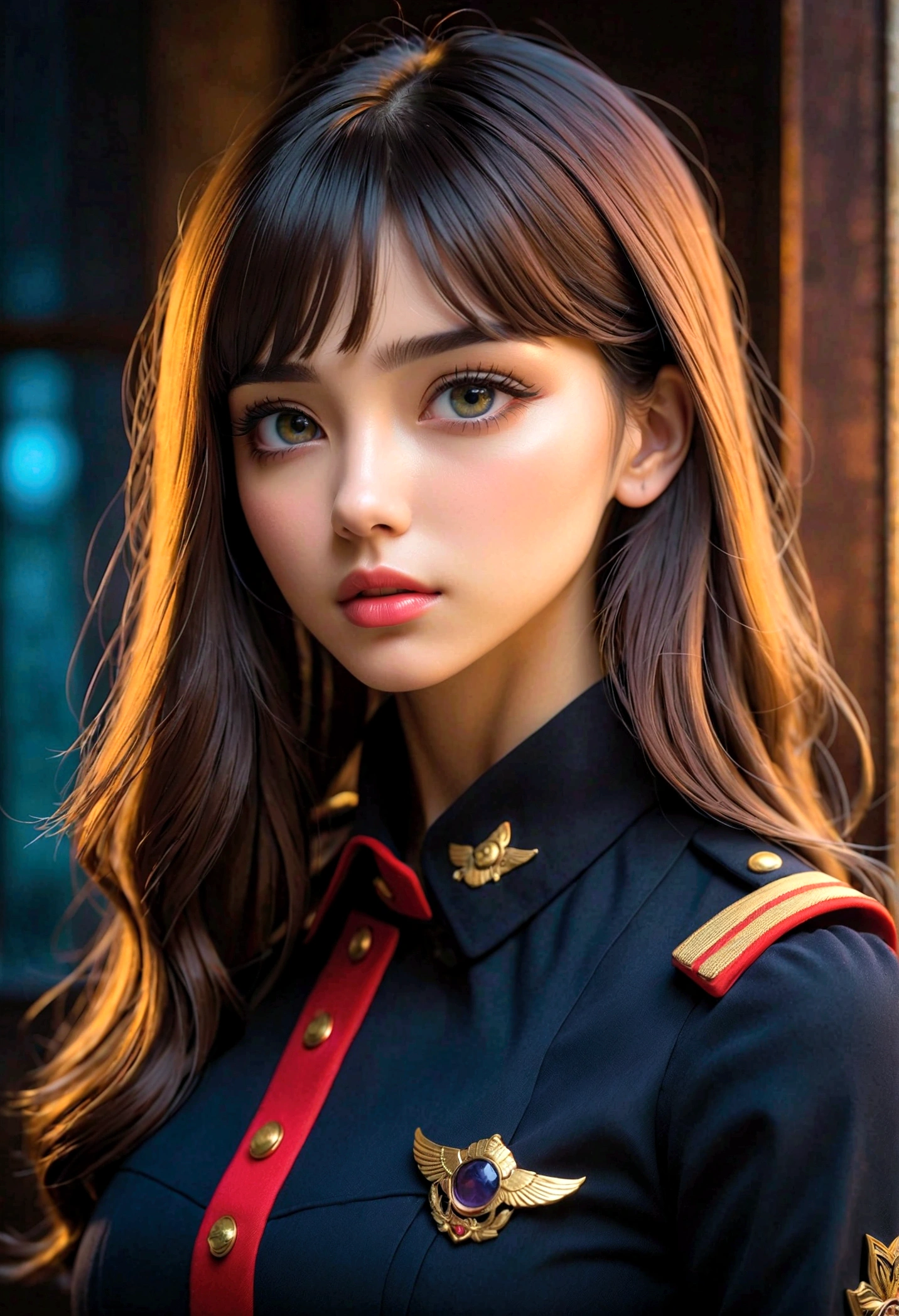 8K, best quality, 1 Girl, night, (dark), The interior background is clear, (people), Beautiful bangs, Gorgeous,, (Clothing and Uniforms:1.3),soft light, attractive, dark Room, (mouth closed:1.2, beautiful eyes, delicate eyes, Detailed iris, Beautiful lips, Beautiful nose, Pretty Face),(primary color:1.5)