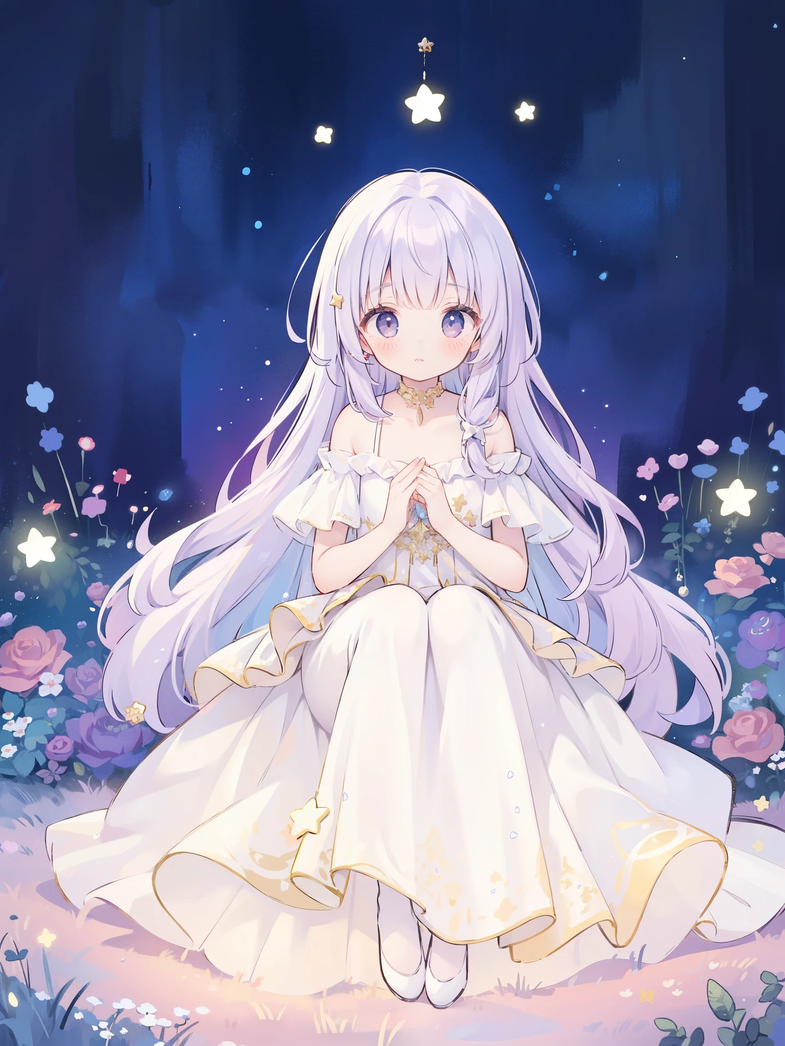 wishing stars, girl wearing a translucent white dress made of stars, pale lilac hair, magical, fantasy, whimsical, complex drawing, highly detailed, ethereal, starry night, midjourney style