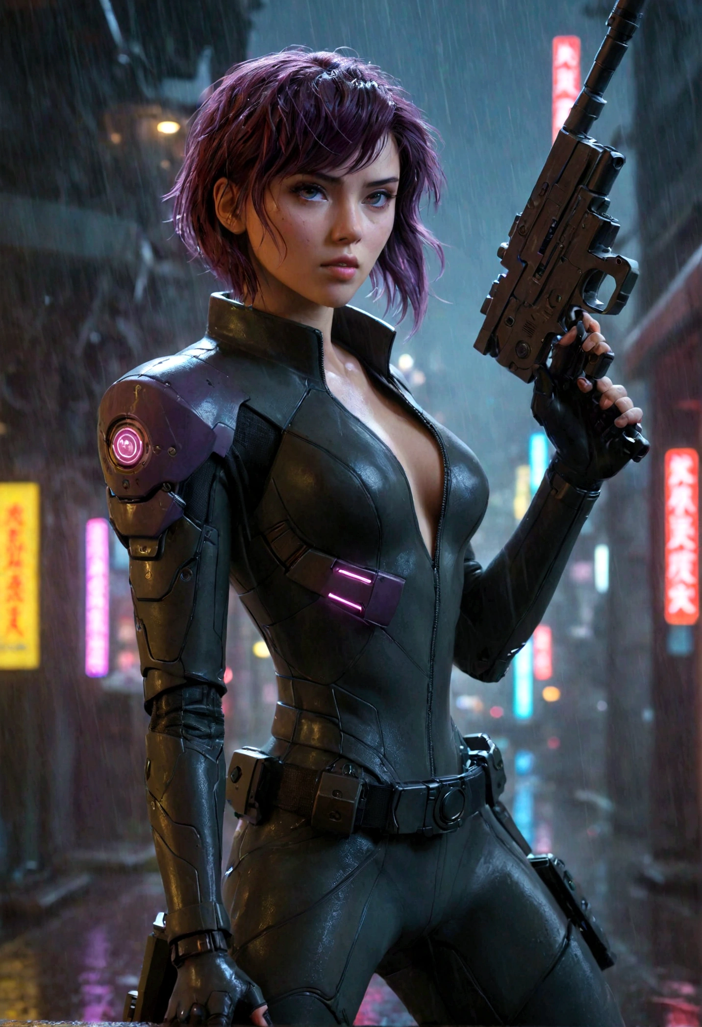 cyberpunk sci-fi character,beautiful young woman wielding a boltgun,ghost in the shell, kusanagi motoko,motion blur,rainy night,hyperrealistic,cinematic lighting,dramatic composition,highly detailed,8k,photorealistic,chiaroscuro,neon lights,futuristic cityscape,intense atmosphere,hyper detailed face and eyes,intricate mechanical prosthetics,dynamic pose,rain effects,moody color palette,glowing cybernetic implants,environmental reflections