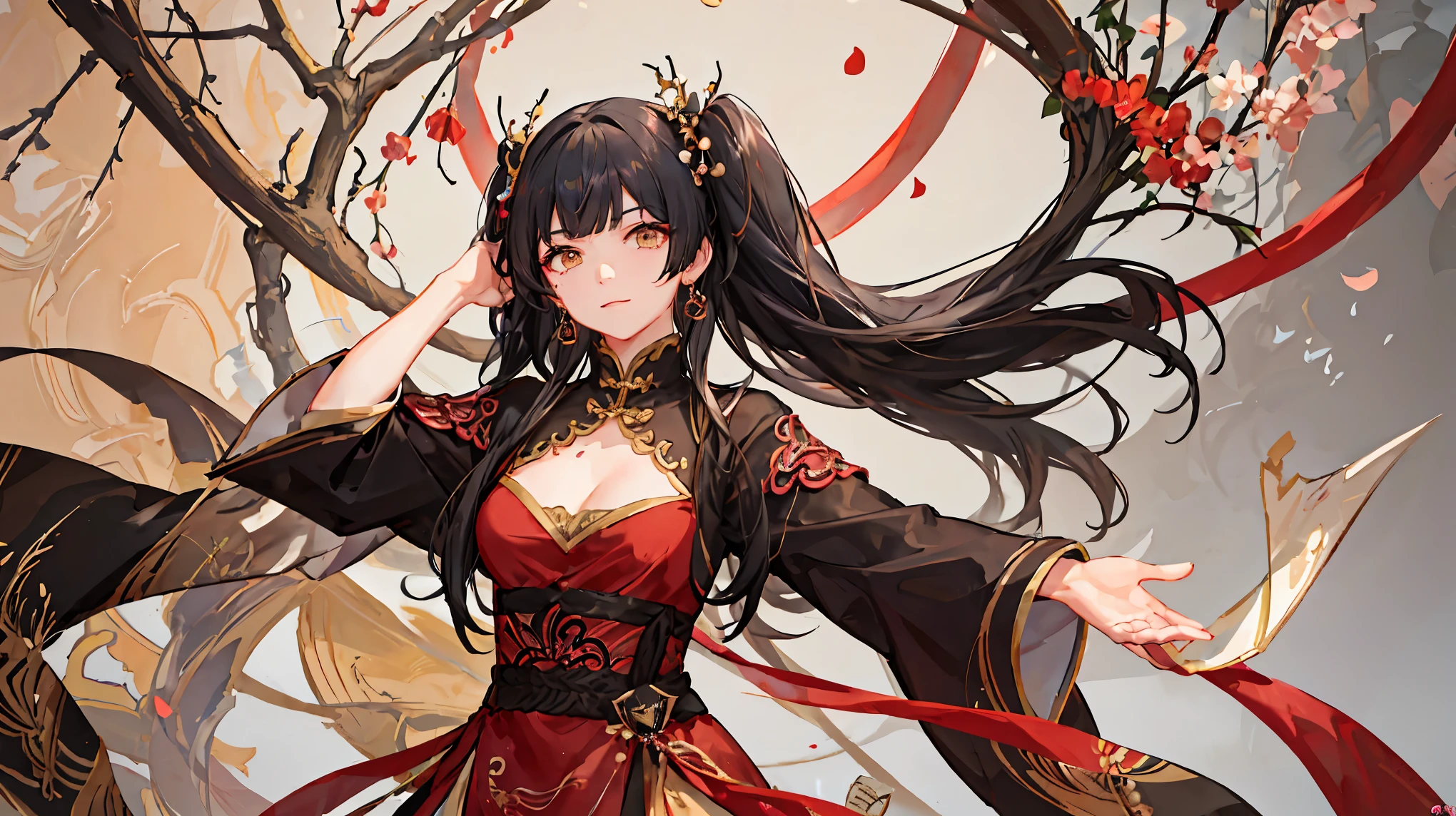 girl, upper body, (detailed face:1.2), masterpiece, fashion, chinese dress, medium hair, black hair, twintails, blunt bangs, brown eyes, facing camera, highly detailed, highest quality