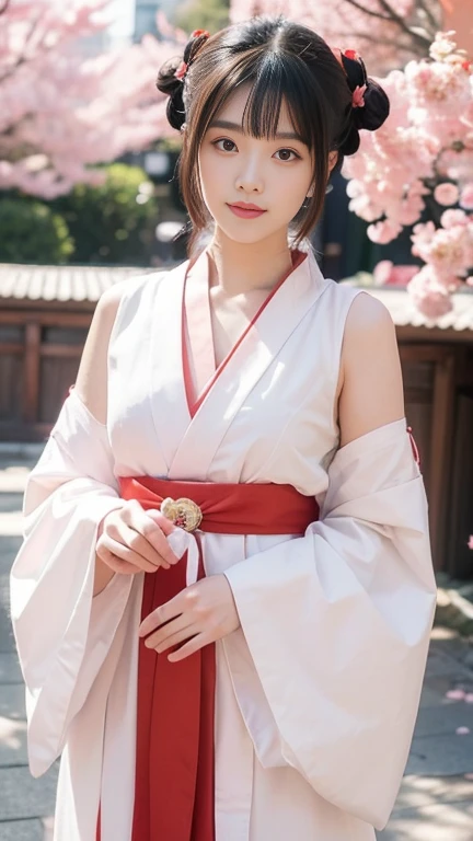 Create a mascot character for a company, designed as a traditional Miko (Shinto shrine maiden). The character must be facing directly forward with her entire body visible and looking straight at the camera. She should have a simple bob haircut in black and wear a traditional white and red Miko outfit, with a white ribbon or hair accessory. Her hands should be held out in front of her, gently encircling the letter "i," which is designed in a heart shape to represent love. The expression on her face should be soft and smiling, conveying warmth and approachability. The primary colors of her outfit are white and red, with pink accents to emphasize the theme of love. The background should feature a soft pink hue with scattered cherry blossom petals, enhancing the gentle and warm atmosphere. It is crucial that the character looks straight at the camera, with her entire body facing forward and her black hair clearly visible. The overall design should be suitable as a company symbol image, with a clean and professional appearance.
