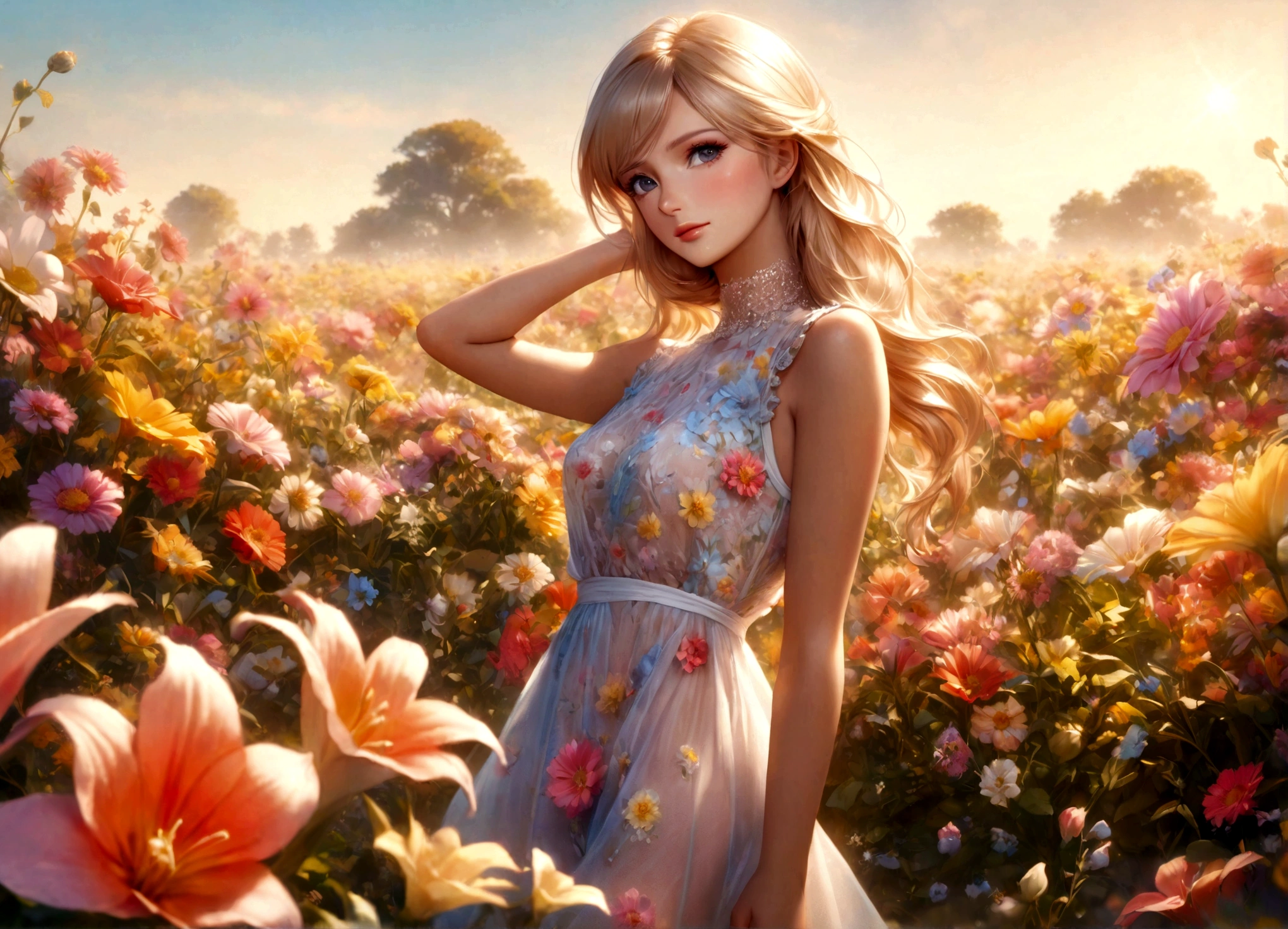 a beautiful young woman, paris hilton, in a stylish sheer summer dress, standing in a field of bright flowers, warm and pure expression, professional fashion photoshoot, high fashion, editorial, glamorous, cinematic lighting, vivid colors, (best quality,8k,highres,masterpiece:1.2),ultra-detailed,(realistic,photorealistic,photo-realistic:1.37),professional photography,editorial fashion