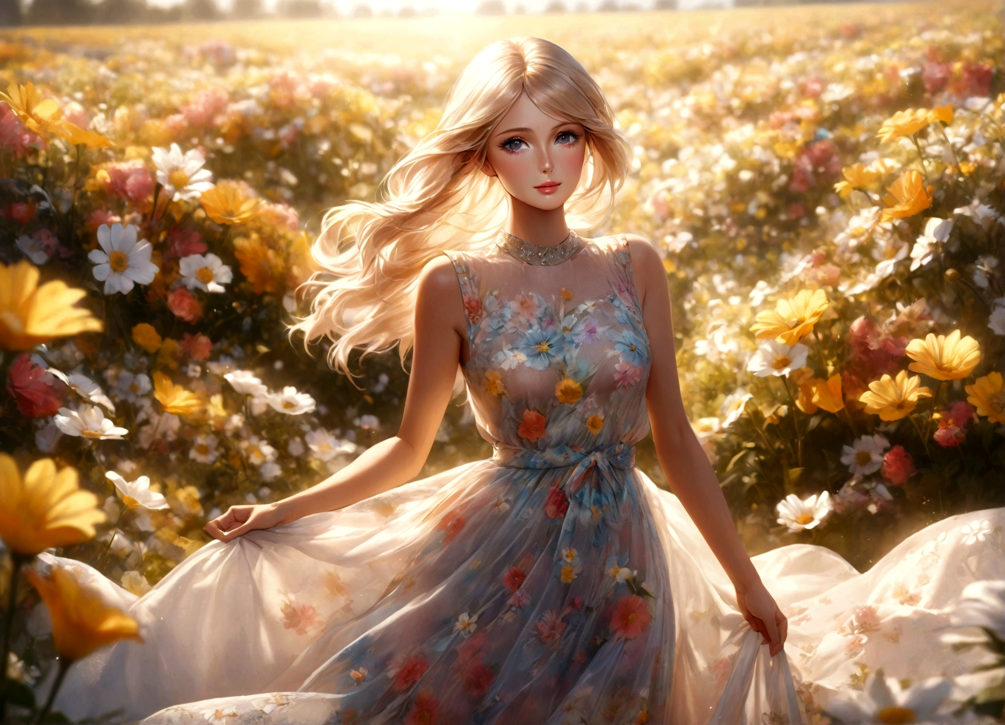 a beautiful young woman, paris hilton, in a stylish sheer summer dress, standing in a field of bright flowers, warm and pure expression, professional fashion photoshoot, high fashion, editorial, glamorous, cinematic lighting, vivid colors, (best quality,8k,highres,masterpiece:1.2),ultra-detailed,(realistic,photorealistic,photo-realistic:1.37),professional photography,editorial fashion
