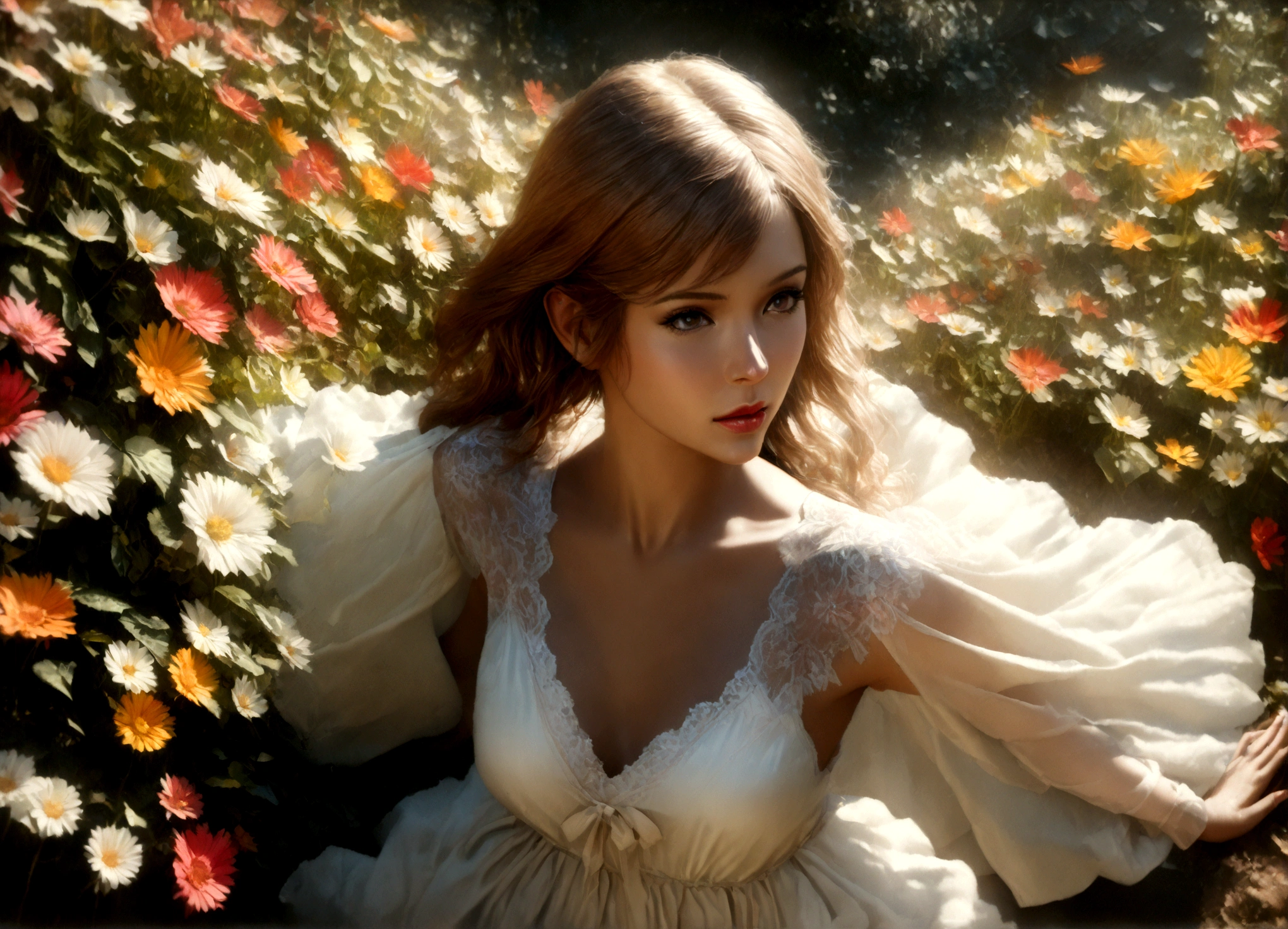 a beautiful young woman, paris hilton, in a stylish sheer summer dress, standing in a field of bright flowers, warm and pure expression, professional fashion photoshoot, high fashion, editorial, glamorous, cinematic lighting, vivid colors, (best quality,8k,highres,masterpiece:1.2),ultra-detailed,(realistic,photorealistic,photo-realistic:1.37),professional photography,editorial fashion
