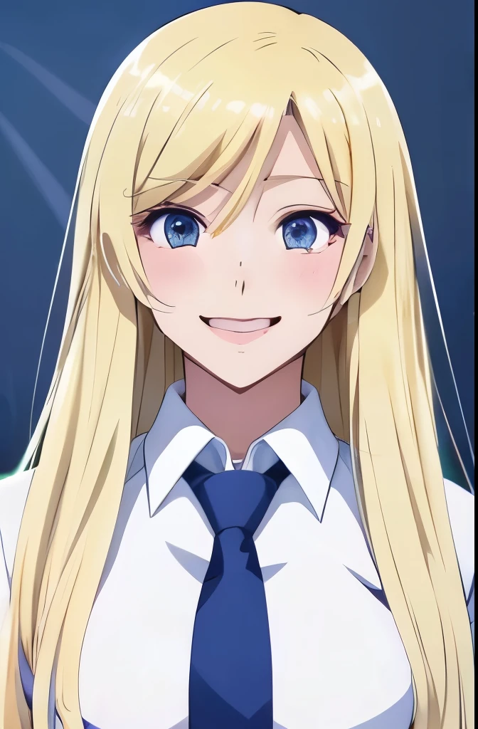 Anime girl with long blonde hair and a white shirt with a blue tie, Cute girl anime look, Long hair blonde anime girl, A cheerful smile, Beautiful anime school girl, anime look of a young woman, Very cute anime face, Best anime girl,