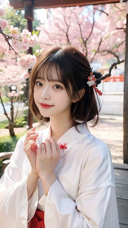 Create a mascot character for a company, designed as a traditional Miko (Shinto shrine maiden). The character must be facing directly forward with her entire body visible and looking straight at the camera. She should have a simple bob haircut in black and wear a traditional white and red Miko outfit, with a white ribbon or hair accessory. Her hands should be held out in front of her, gently encircling the letter "i," which is designed in a heart shape to represent love. The expression on her face should be soft and smiling, conveying warmth and approachability. The primary colors of her outfit are white and red, with pink accents to emphasize the theme of love. The background should feature a soft pink hue with scattered cherry blossom petals, enhancing the gentle and warm atmosphere. It is crucial that the character looks straight at the camera, with her entire body facing forward and her black hair clearly visible. The overall design should be suitable as a company symbol image, with a clean and professional appearance.
