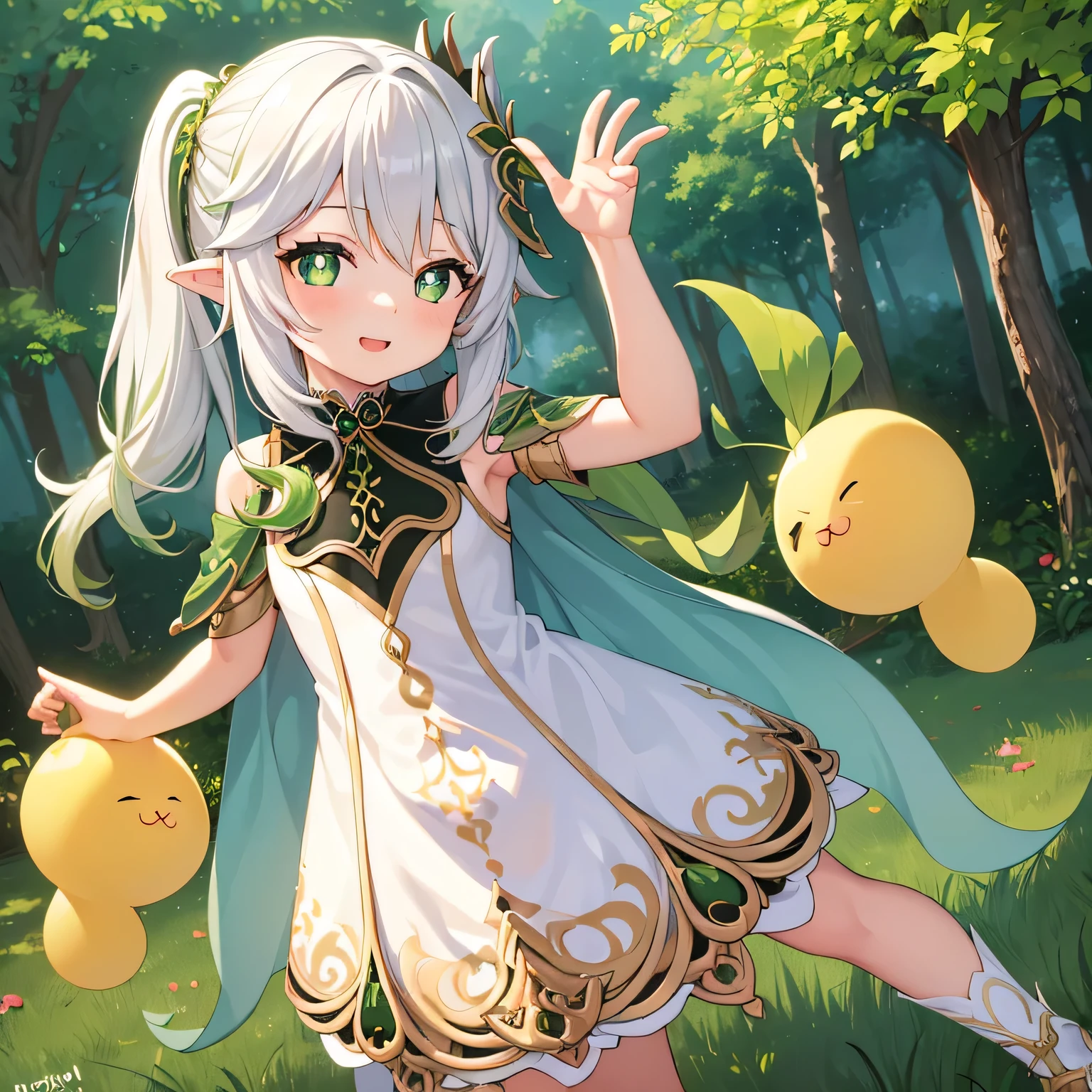 (RAW photo,best quality,high quality, masterpiece:1.2),1girl,,young face,young girl,Nahida(genshin impact),cross shaped pupils,default dress,green cape, white hair, Poster publicity style, pose, Happy expression