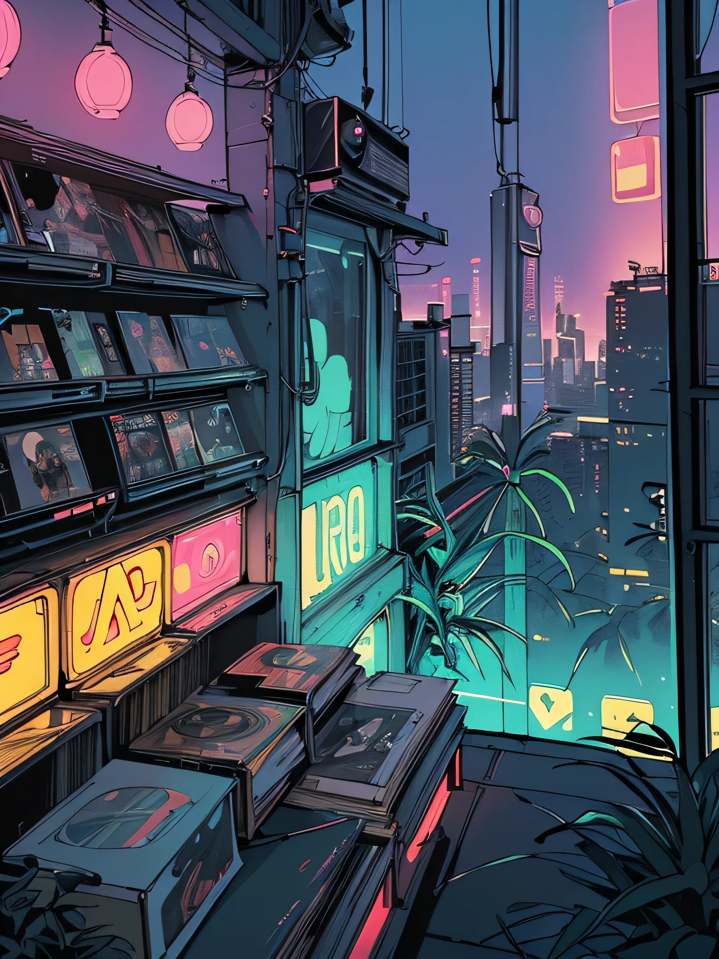 extreme quality, masterpiece, unity 8k wallpaper, depth of field, ultra detailed, (((unattended))), (((record store))), nostalgia, panorama, long shot, (((records on the shelves.))), (((Various angles))),(((Plants))), (((cyberpunk))), (((neon))),(((front view))),(((Night))), (((retro color))), (((straight-on))), Accurate record detail, (((large window)))