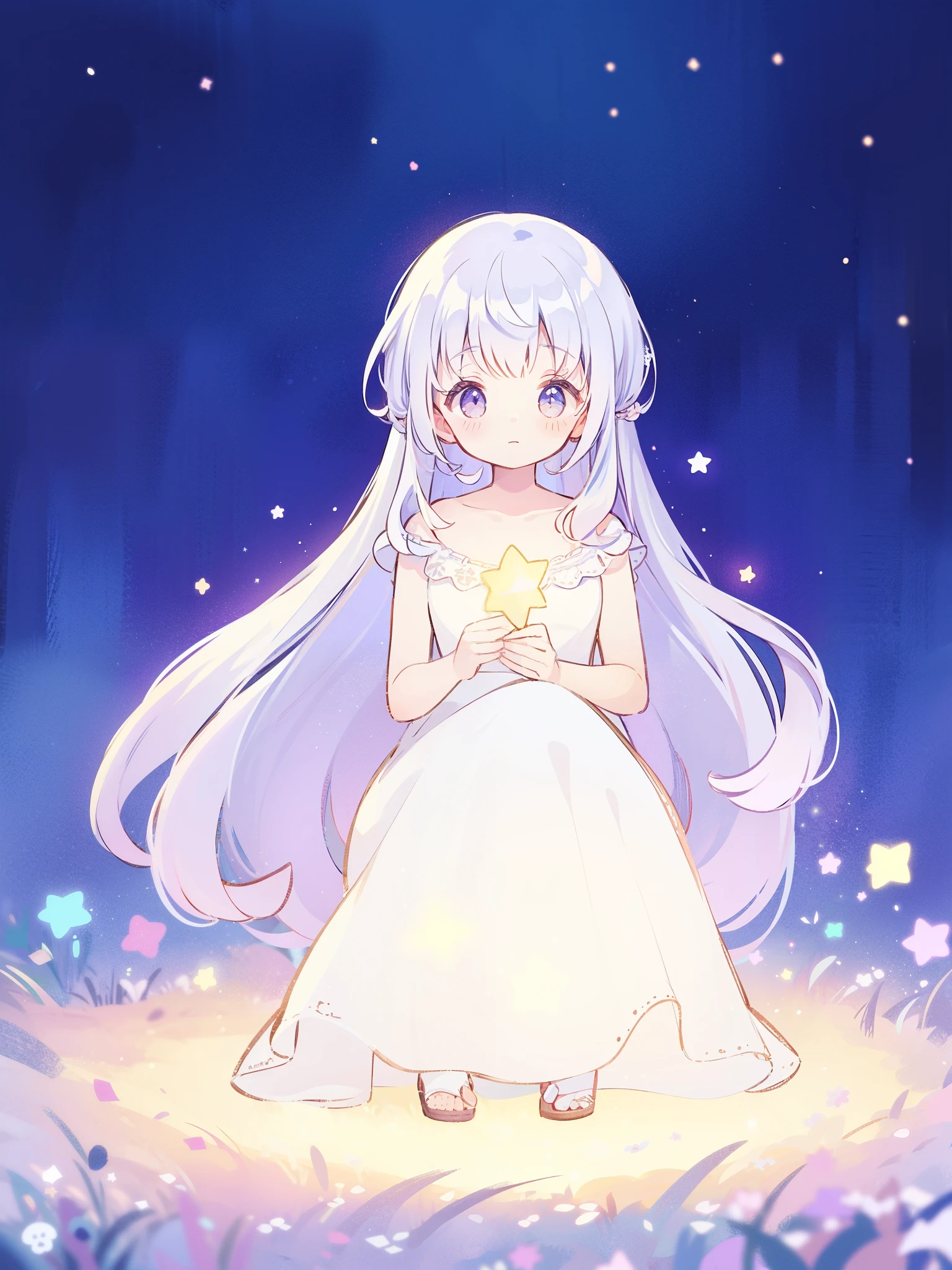 wishing stars, girl wearing an ethereal translucent white dress made of stars, pale lilac hair, magical, fantasy, whimsical, complex drawing, highly detailed, ethereal, starry night, midjourney style