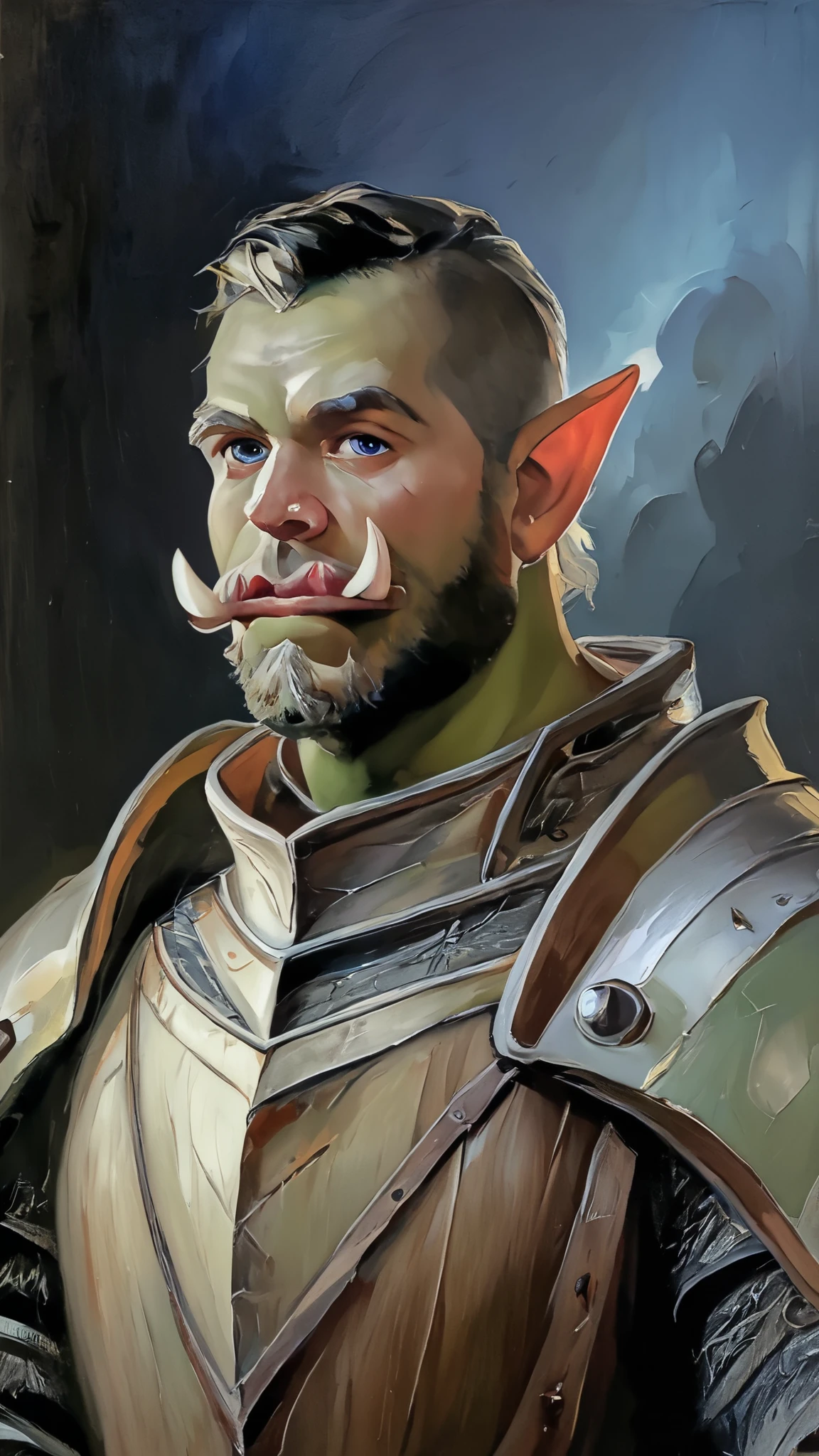 score_9, score_8_up, score_7_up, rating_safe, painterly, faux traditional media, realistic, 1boy, solo, male focus, mature male, orc, green skin, tusks, blue eyes, short hair, black hair, facial hair, beard, mustache, looking at viewer, armor, shoulder armor, breastplate, pauldrons, upper body, closed mouth, standing, outdoors, night, night sky, dark background