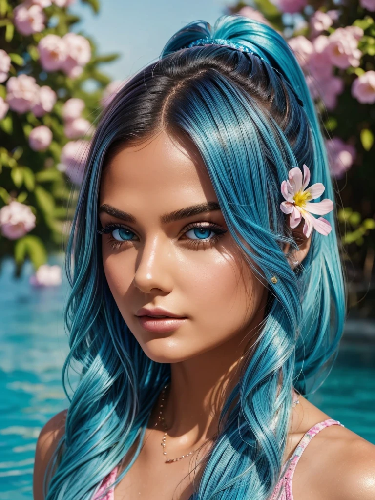 (masterpiece), (best quality), (ultra detailed),(disheed hair),(illustration), (1girl), (Fashionable clothing), standing, Fashion model, looking at viewer, seductive look, (interview), (simple background), Beautiful detailed eyes, delicate beauty, floating, (high saturation), (colorful splash), colorful bubbles, (shine), focus on the face, ponytail, Alex Less, light blue hair, bangs, scrunchies, floating flowers, flowing hair, (shiny), best lighting, best shadows, perfect hands