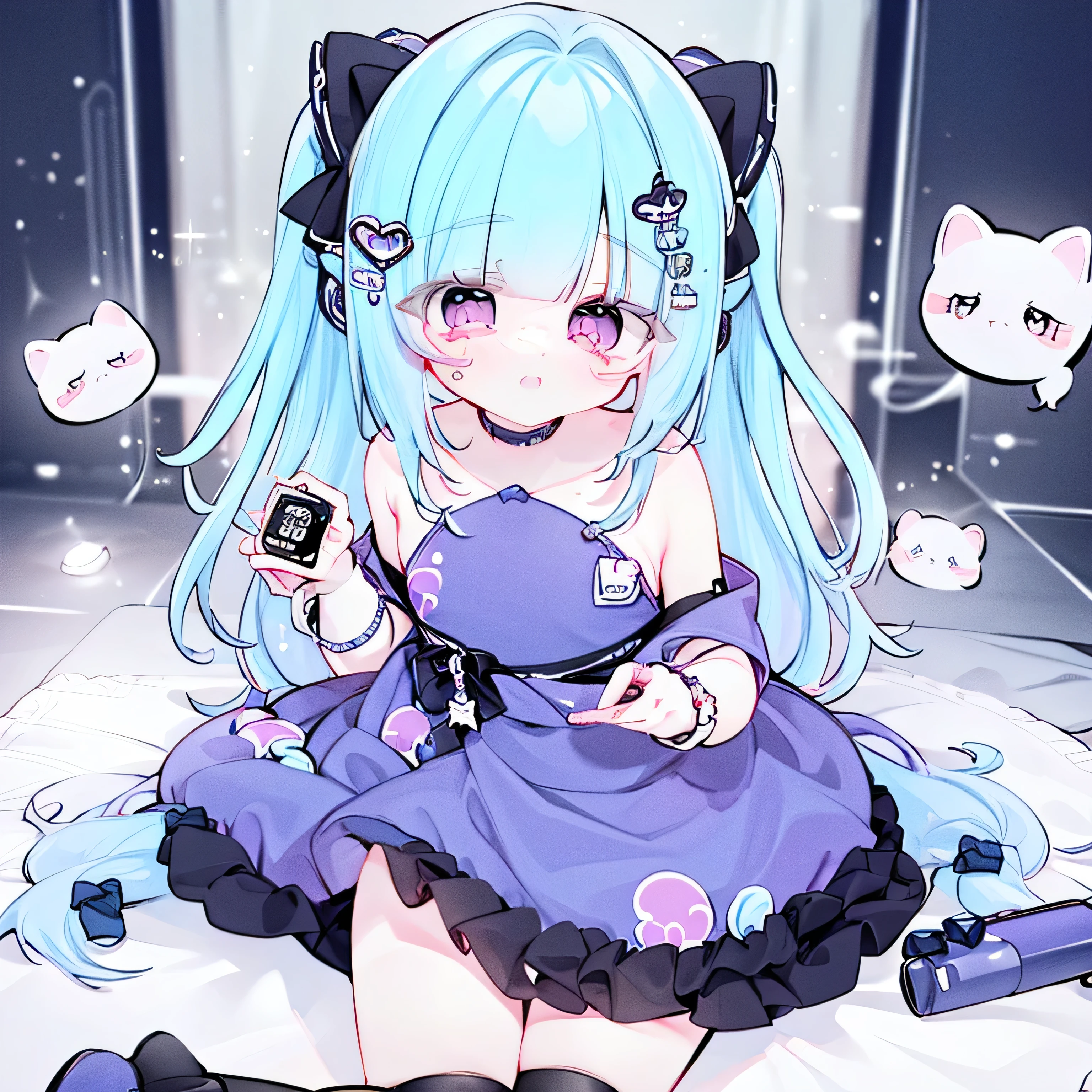 A cute, young 8 year old cat girl with blue hair and pink eyes, (best quality,4k,8k,highres,masterpiece:1.2),ultra-detailed,(realistic,photorealistic,photo-realistic:1.37),extremely detailed eyes and face,longeyelashes,adorable,sweet expression,playful,full body,pink dress,cat ears,fluffy tail,studio lighting,vibrant colors,soft pastel colors