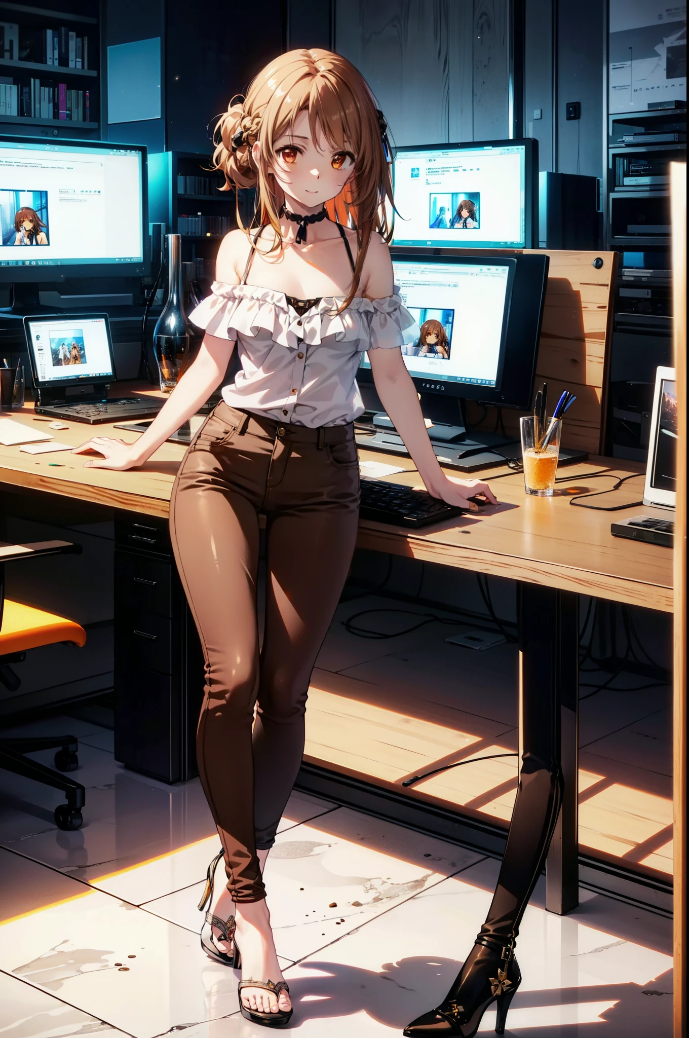 a sun ayuuki, a sun a yuuki, Long Hair, Brown Hair, (Brown eyes:1.8),smile,
Cold shoulder tops,skinny pants,Stiletto heels,Walking,There is a computer on the table,whole bodyがイラストに入るように,
break 8ndoors, オフィス
break looking at viewer, whole body,
break (masterpiece:1.2), highest quality, High resolution, unity 8k wallpaper, (figure:0.8), (Beautiful fine details:1.6), Highly detailed face, Perfect lighting, Highly detailed CG, (Perfect hands, Perfect Anatomy),