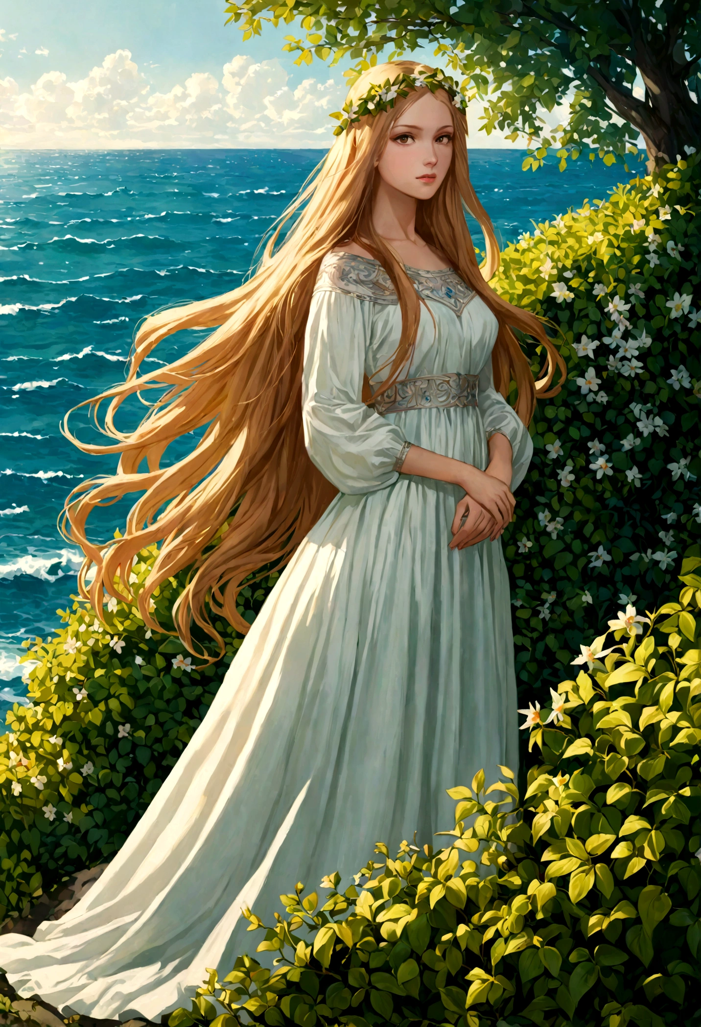 Goddess Daphne , long hair, Brown eyes, Slavic appearance ,  long dress among beautiful greenery, behind the sea 