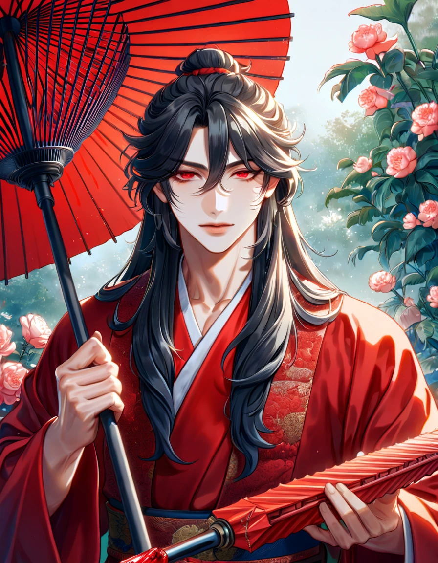 absurdres, highres, ultra detailed, HDR, master piece, best quality, extremely detailed face, delicated features, Xue Yu, untamed spiky hair, black long hair, hair between the eyes, expressive red eyes, Thousand Years War, solo, sexy man holding a red oil paper umbrella, handsome, holding, red robes, flowers, garden