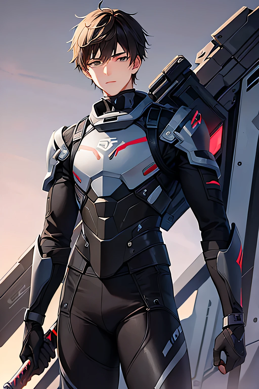 18-year-old young man with a sword on his back and a cutting-edge military exo suit