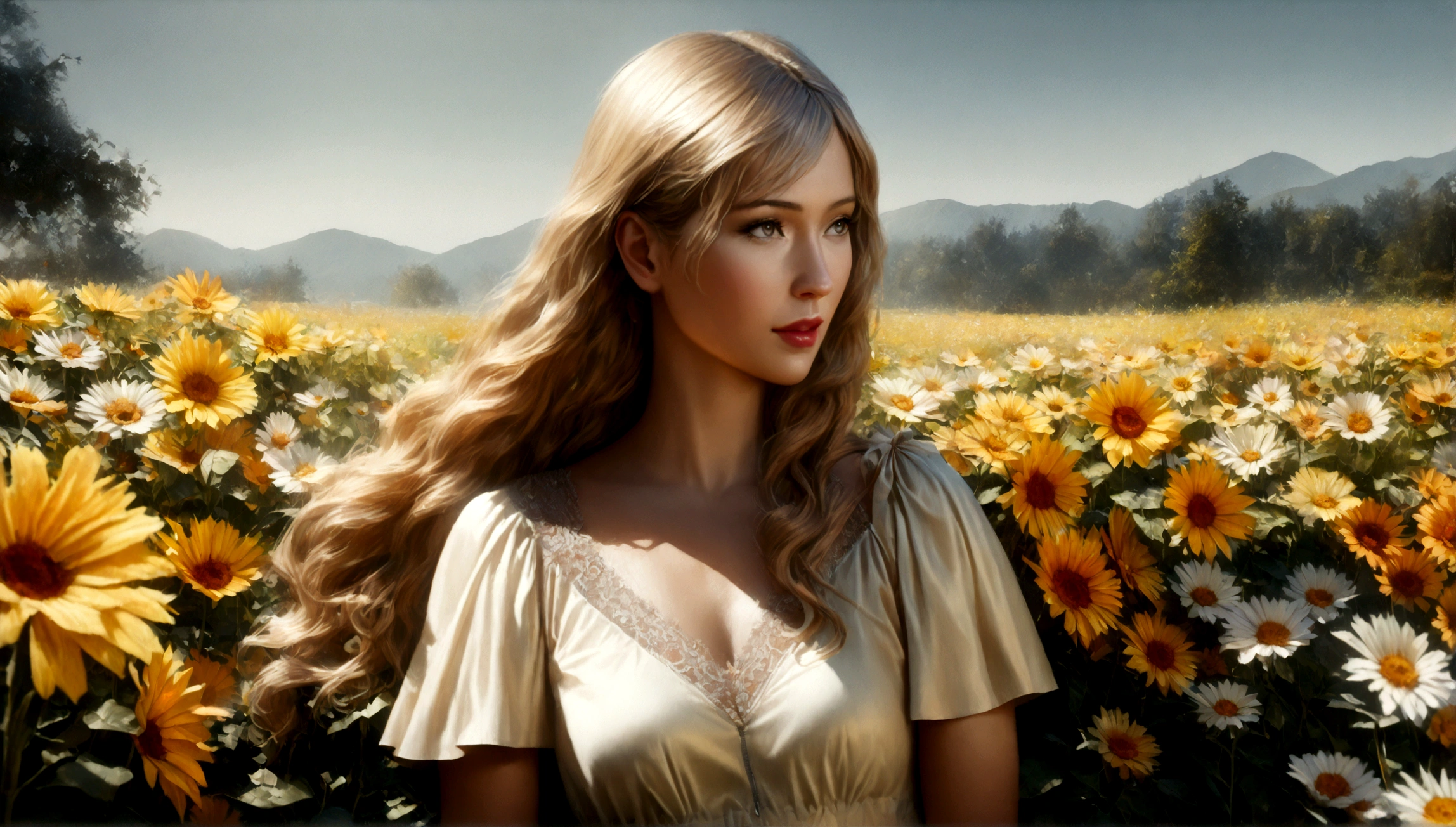 a beautiful young woman, paris hilton, in a stylish sheer summer dress, standing in a field of bright flowers, warm and pure expression, professional fashion photoshoot, high fashion, editorial, glamorous, cinematic lighting, vivid colors, (best quality,8k,highres,masterpiece:1.2),ultra-detailed,(realistic,photorealistic,photo-realistic:1.37),professional photography,editorial fashion
