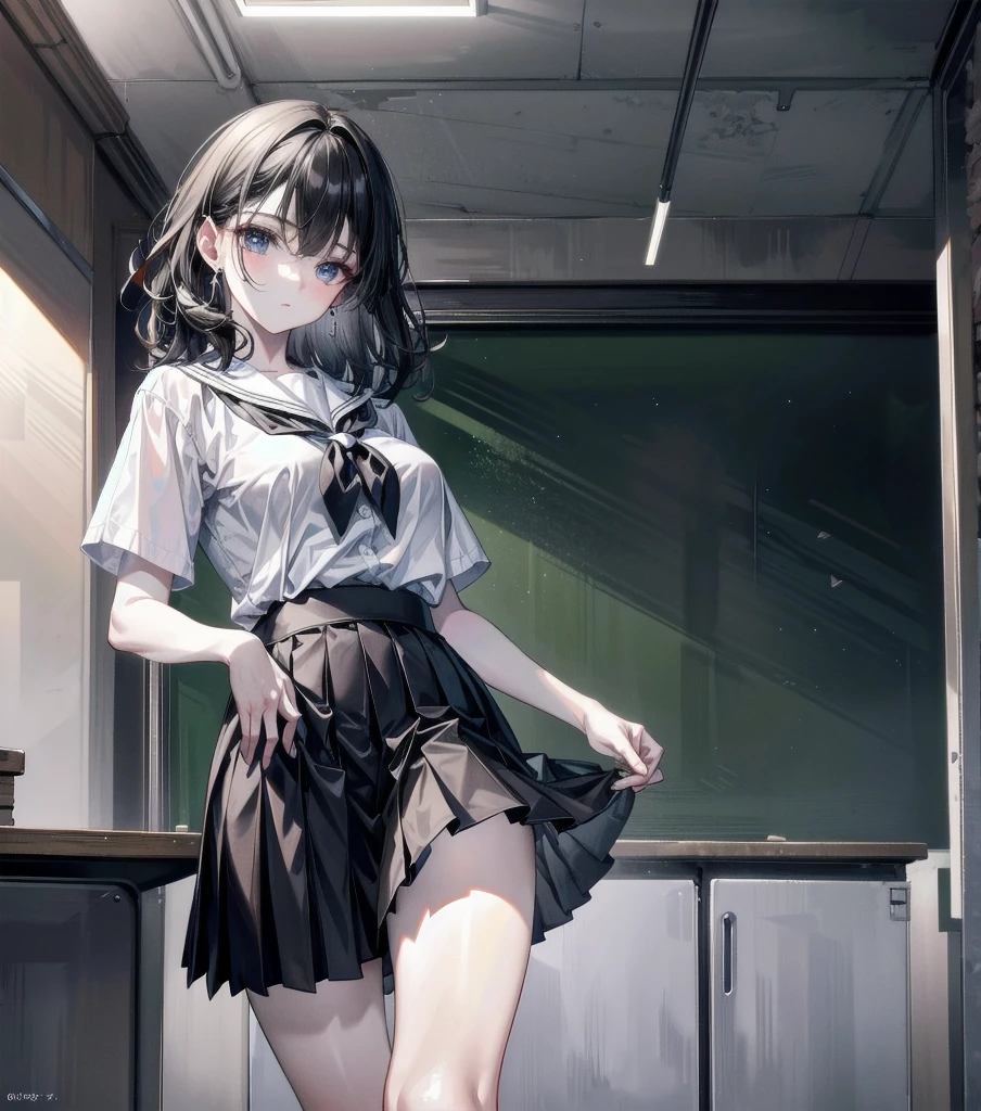 absurdres, RAW photo, extremely delicate and beautiful, masterpiece, Best Quality, ultra high resolution, 32k, hyperrealistic, ultra-detailed, detailed description, perfect anatomy, pale skin, 20 years old, detailed beautiful face and eyes, tearful mole, earring, short medium hair, wavy hair, full body shot, colossal tits, school_uniform, dress shirt, pleats skirt, School Pool,