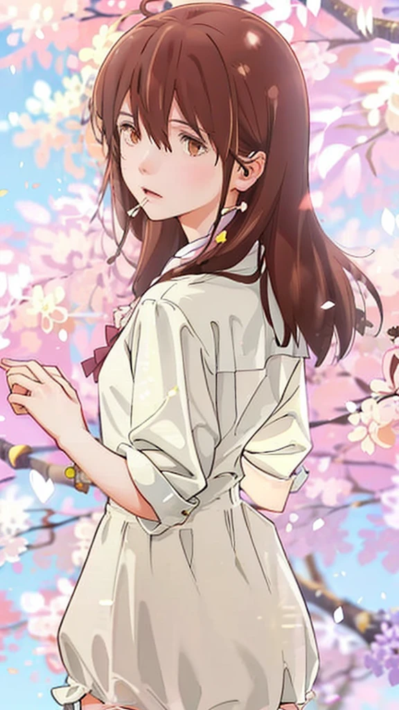 a calm girl with brown hairs cute eyes and face like sakura yamauchi from i want to eat you pancreas wearing pink dress, in a background of cherry blossom, 