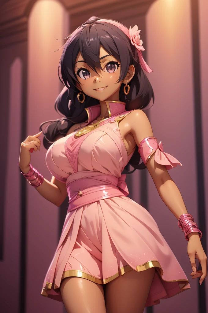 Kirito, Pink egyptian clothing, blushing smile, dark skin, standing alone in the ballroom dancing, Feminine big breasts breast enlargement looking at the camera