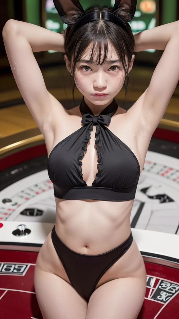 (masterpiece:1.2), highest quality, high resolution, realistic, rabbit ears, black rabbit ears, fake rabbit ears, pantyhose, black pantyhose,bowtie, wrist cuffs, black leotard, casino,roulette table, poker chips, slot machine, chandelier, (8k, RAW photo, best quality, masterpiece:1.2), (realistic, photo-realistic:1.4), (extremely detailed 8k wallpaper), Photo of a beautiful Japanese idol woman., (((Very small breasts))), ((Baby Face)), (((sweaty armpits))), Armpit depression, ((((Dimpled Armpits)))), ((((Deeply wrinkled armpits))))
