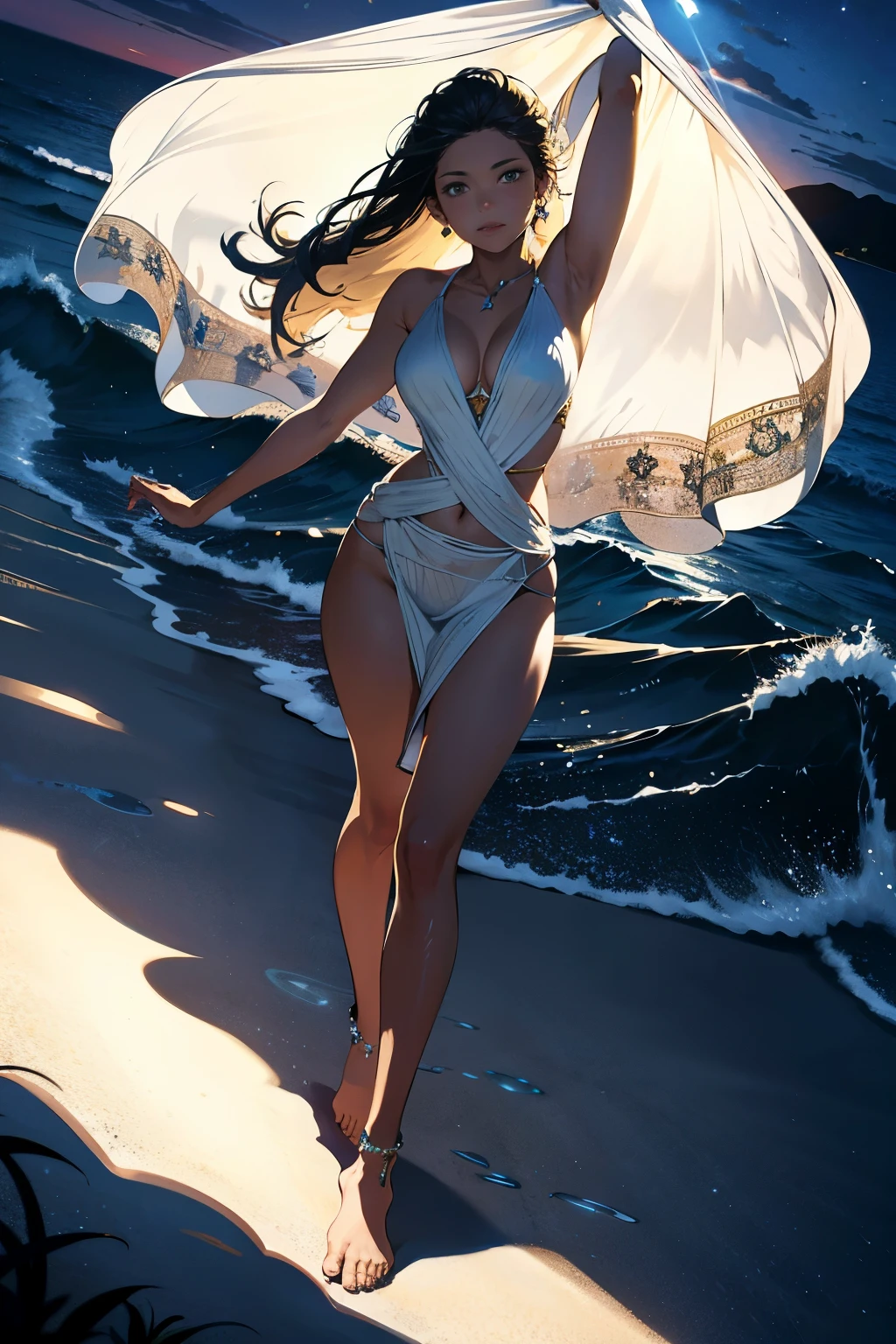 In a breathtakingly realistic depiction of a sultry summer night, a pristine beach stretches out under the canopy of a star-studded sky. Each star twinkles with electrifying brilliance, casting dazzling reflections on the shimmering waves as they gently lap against the shore. The sand beneath one's feet is warm and inviting, a soft, golden carpet that seemingly goes on for miles.
In the foreground, there stands a solitary figure, elegantly dressed in a loose, flowing white linen dress. The fabric's translucency subtly reveals the curves of her athletic silhouette, hinting at an undeniable allure