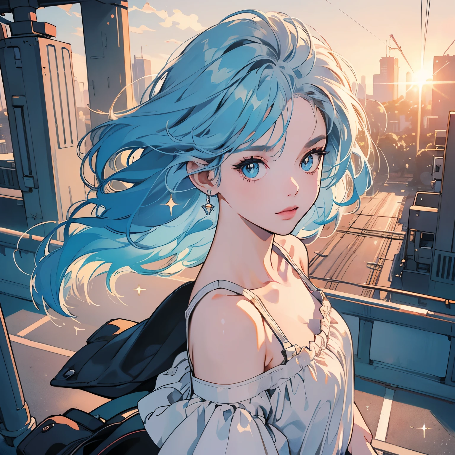 upper body, 1 woman, top quality, 8K, wind blowing,White camisole, sunset, future city, skyscraper, power lines, crosswalk, sign, railroad tracks, train station, (((sparkling eyes))), (((mysterious))), light blue hair, detailed hair, complex background, detailed details, light lighting, backlight, dim, clouds in sky, Front, (((overhead shot)))