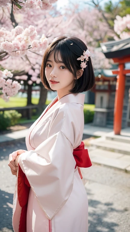 Create a mascot character for a company, designed as a traditional Miko (Shinto shrine maiden). The character must be facing directly forward with her entire body visible and looking straight at the camera. She should have a simple bob haircut in black and wear a traditional white and red Miko outfit, with a white ribbon or hair accessory. Her hands should be held out in front of her, gently encircling the letter "i," which is designed in a heart shape to represent love. The expression on her face should be soft and smiling, conveying warmth and approachability. The primary colors of her outfit are white and red, with pink accents to emphasize the theme of love. The background should feature a soft pink hue with scattered cherry blossom petals, enhancing the gentle and warm atmosphere. It is crucial that the character looks straight at the camera, with her entire body facing forward and her black hair clearly visible. The overall design should be suitable as a company symbol image, with a clean and professional appearance.