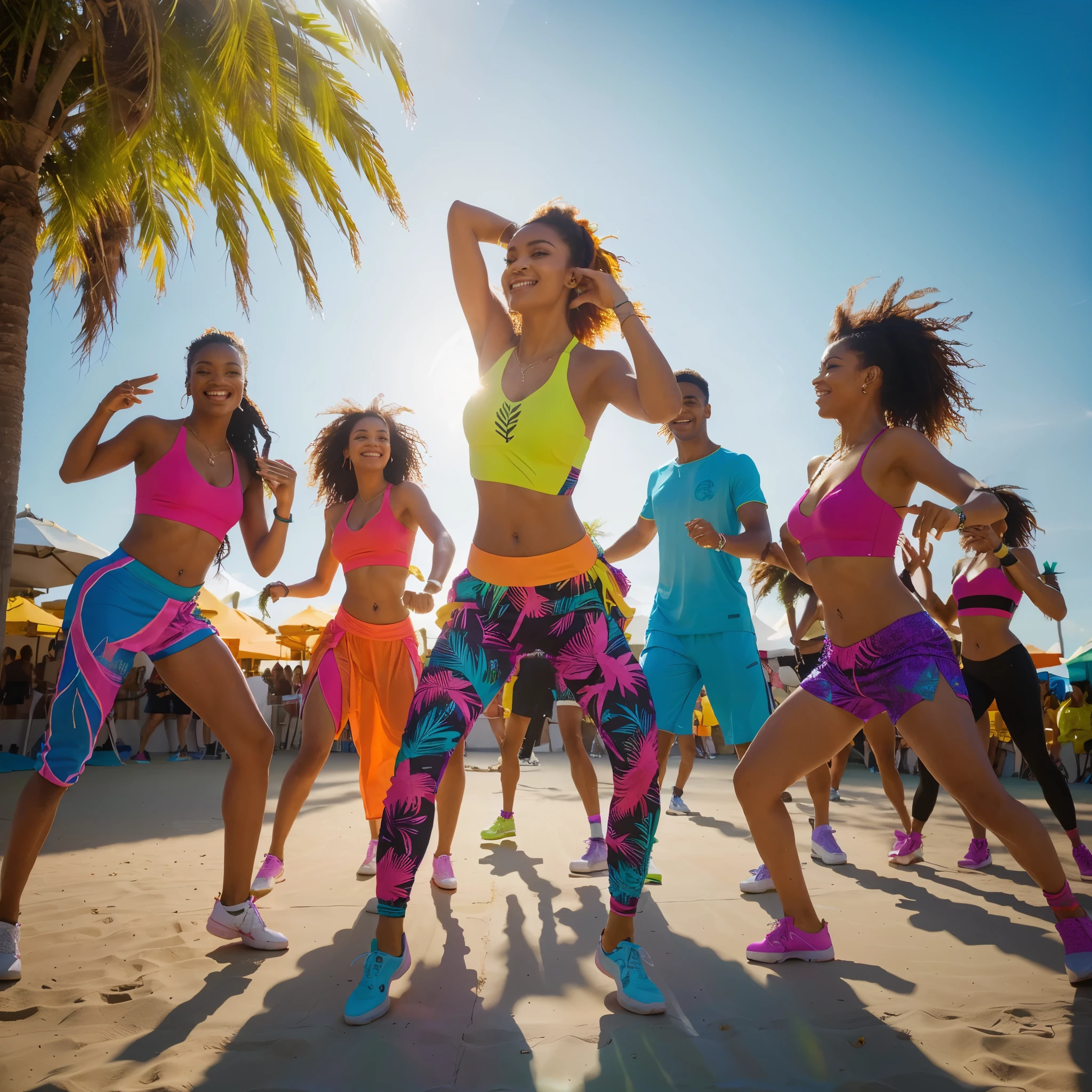 dancers in bright outfits are dancing in a park on a sunny day, vibrant and dynamic, dancing on a tropical beach, fitness, vibrant and powerful, rave otufit, people dancing in background, vsx, ibiza nightclub dancing inspired, lifestyle, vibrant and stylized, aruba, body, by John La Gatta, shutterstock, by Ella Guru, men and women. zumba, realism. more detail.
