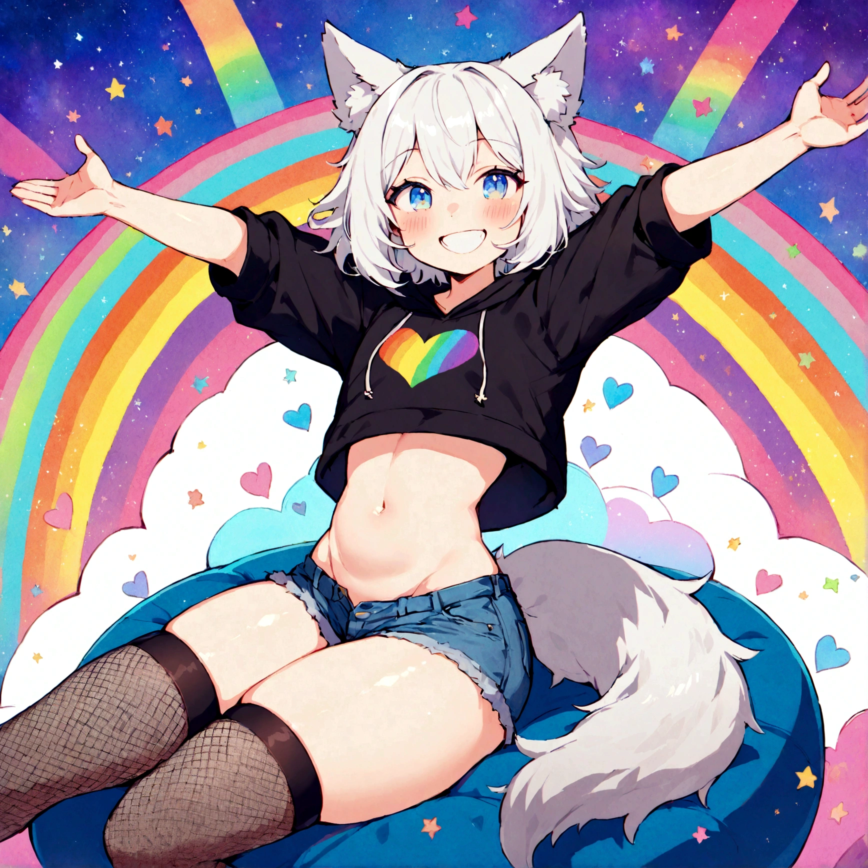 a cute adult male with wolf ears, white hair, has a wolf tail, wearing a loose cropped oversized black hoodie, wearing a pair of denim short shorts and thigh high fishnet stockings, thick thighs, wide hips, relaxing on mound of fluffy multi colored kawaii plushies, short, very slim, showing slender tummy, stretching out, heart on hoodie, squishy thighs, has glowing blue eyes. alone, solo (ALONE)(SOLO), surrounded by rainbows, colorful galaxy backround, mouth wide open grin, very happy, excited, nice butt