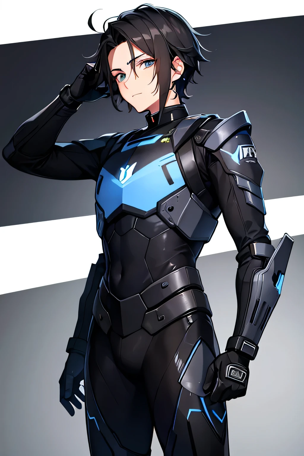 18 year old young man with a black latest generation exo military suit