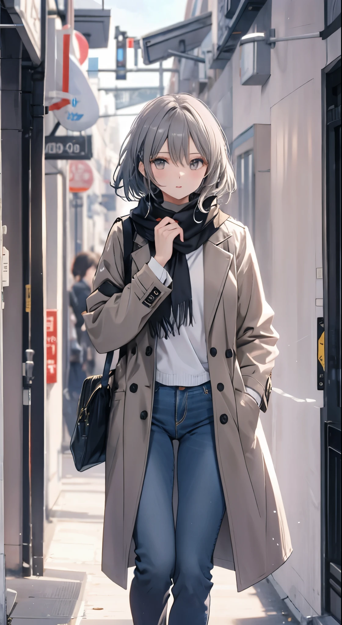 jeans,Gray Eyes,contrail,coat,Scarf,Perfect body
