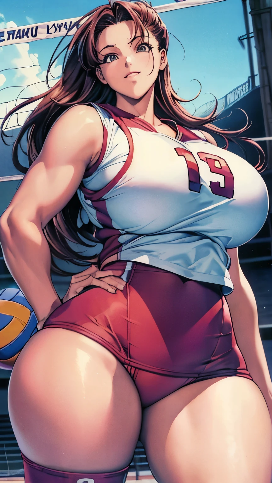 1990s anime cels style, 1990s manga style, best quality, high resolution, curvy body, (gigantic breasts:1.3), Beautiful face, happy, smile, closed mouth, 27 year-old, 1 girl, long hair, ((volleyball player)), ((In the vast gymnasium:1.37)), ((sleeveless volleyball uniform:1.37)), (oily skin:1.2),