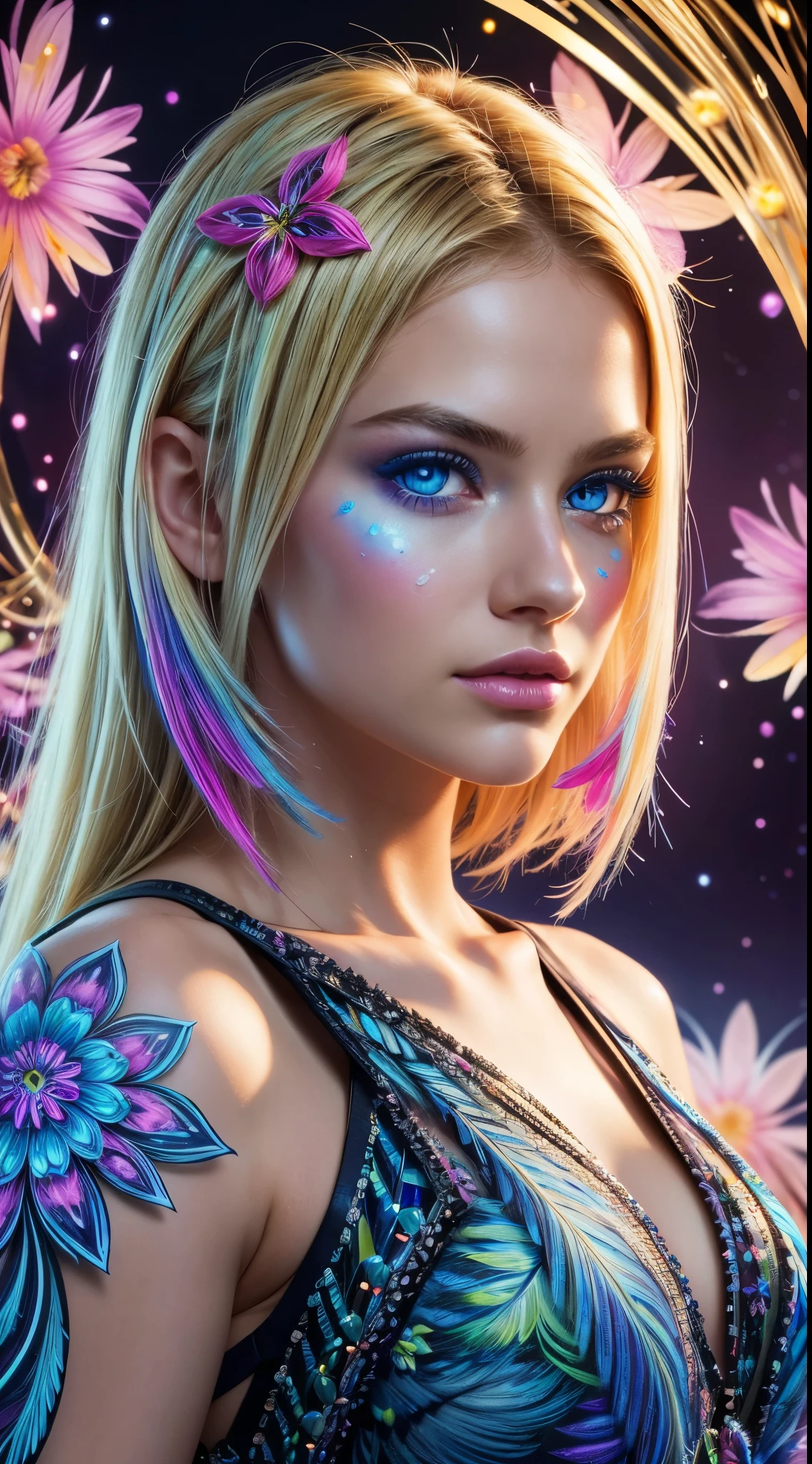 Masterpiece, Top Quality, Best Quality, Official Art, Beautiful and aesthetic:1.2), (1Girl:1.3), Extremely detailed,(fractal art:1.1)neons,(colourfull:1.1)neons(Flowers:1.3)neons,highest details,(zentangle:1.2)neons, (Dynamic Pose), (abstract background:1.3) neons, (sparkly skin), (many colors:1.4)neons, (feathered:1.5), neon lit, blonde hairs, Blonde hair, Blue Eyes, beautidful eyes, extremely detailed eyes and face, Beautiful detailed eyes, Ultra-detailed, light on the face, Fair skin, neon light,