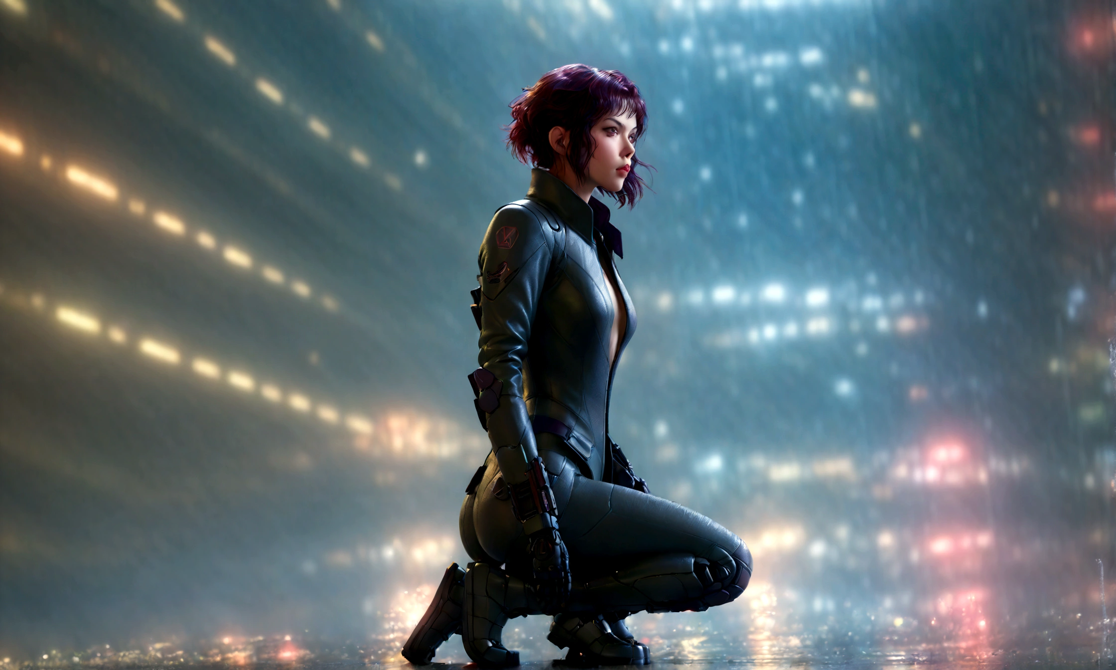 Cyberpunk Sci-Fi Characters、Beautiful young woman wielding a Cyber Rifle、ghost in the Shell、kusanagi motoko、(Motion blur effect shows female movement:1.9)、Rainy night、Hyperrealistic、Cinematic lighting、Dramatic composition、Very detailed、8k、Photorealistic、Chiaroscuro、Neon Light、Futuristic cityscape、Intense atmosphere、Very detailedな顔と目、Complex mechanical prosthetics、Dynamic pose、Rain effect、Moody color palette、Glowing Cybernetic Implants、environmental reflection