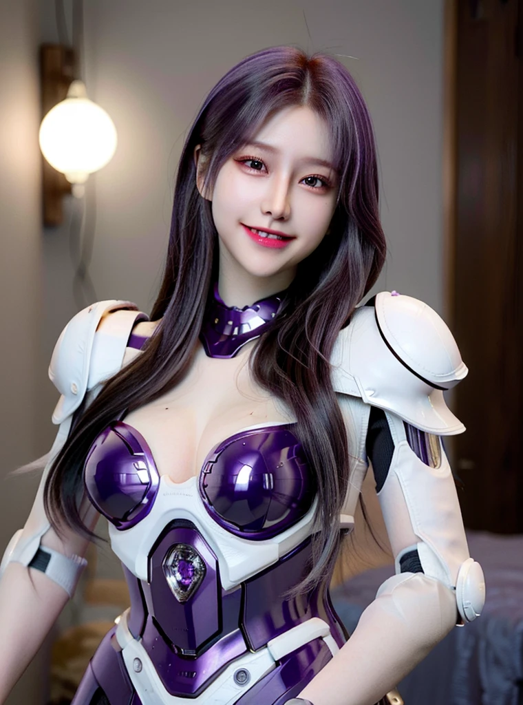 Armoured girl, realistic, long hair, purple robotics body, smile,
