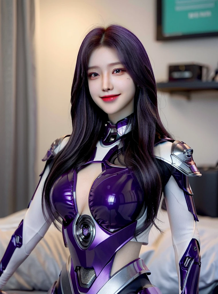 Armoured girl, realistic, long hair, purple robotics body, smile,