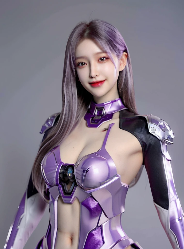 Armoured girl, realistic, long hair, purple robotics body, smile,