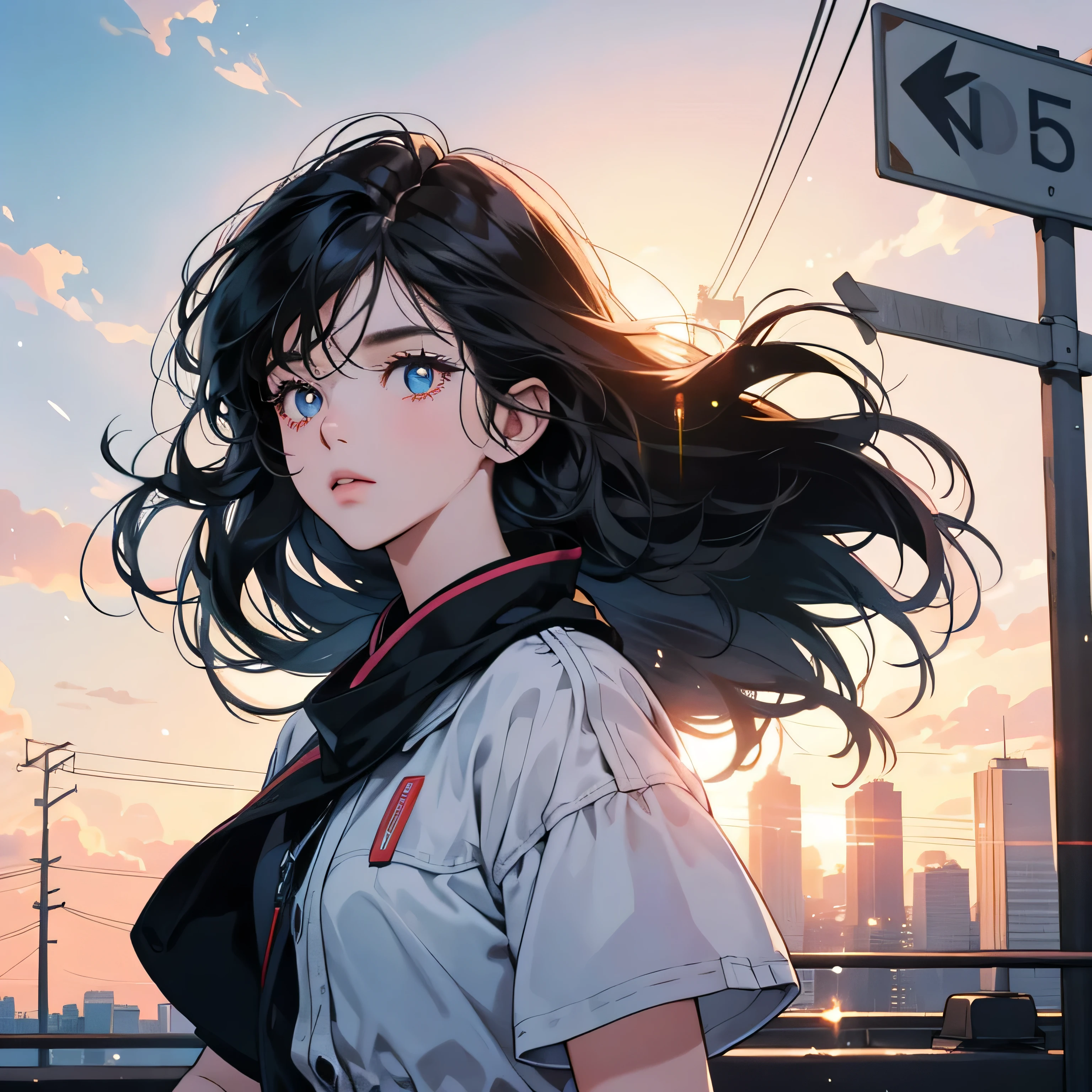 upper body, 1 woman, top quality, 8K, wind blowing, white short sleeves, sunset, future city, skyscraper, power lines, crosswalk, sign, railroad tracks, train station, (((sparkling eyes))), (((mysterious))), black hair, detailed hair, complex background, detailed details, light lighting, backlight, dim, clouds in sky, Front, (((shushing)))