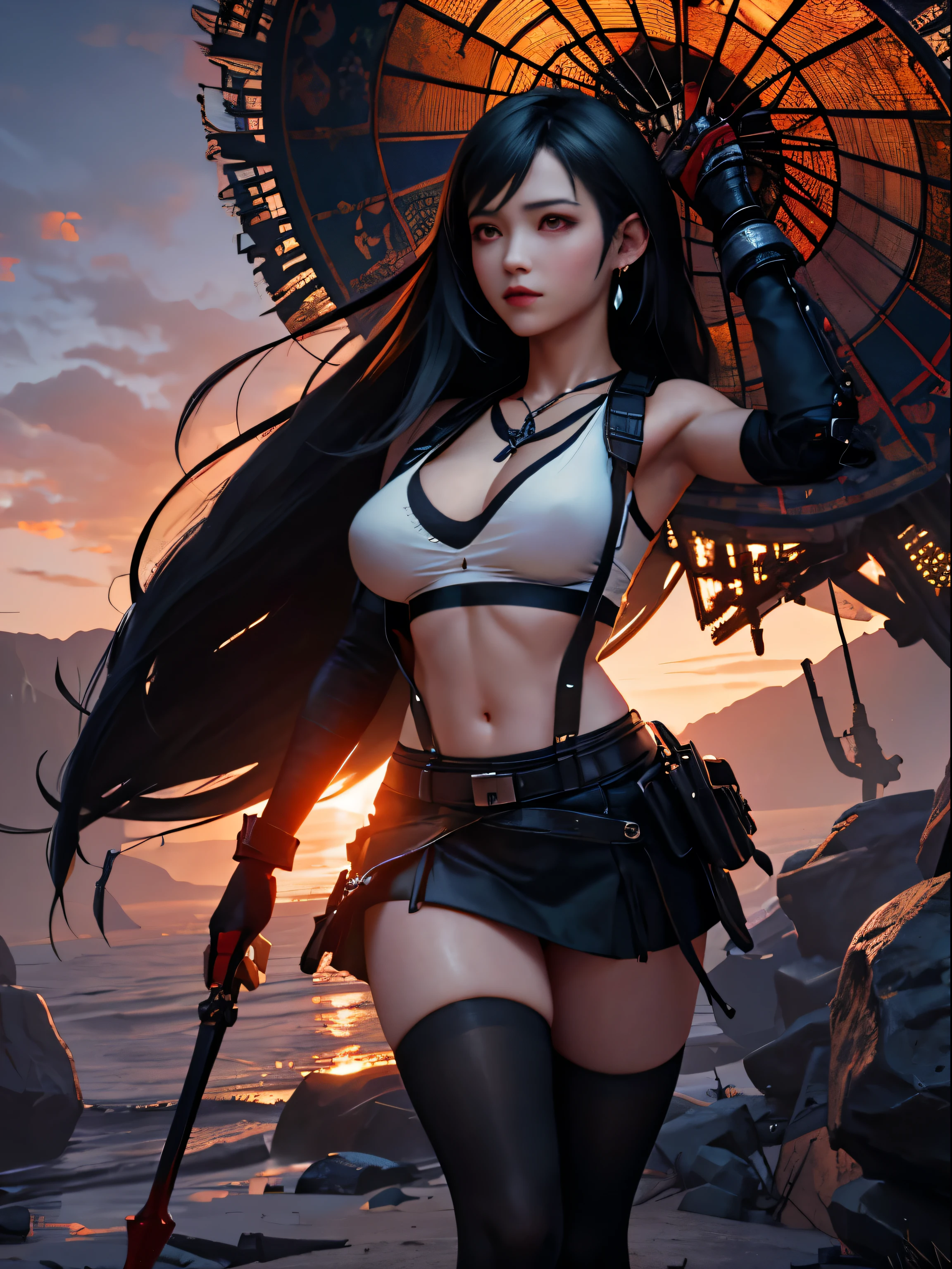 Official Art, Unity 8k Wallpaper, Super detailed, beautiful and aesthetic, masterpiece, best quality, (zendispute, Mandala, dispute, endispute), (Fractal Art:1.3) , 1 Girl, Very detailed, Dynamic angle, Cowboy shooting, The most beautiful form of chaos, elegant, Barbarian design, Vibrant colors, romanticism, author：James Jean, Robbie Devi Antonio, Ross Chen, French Bacon, Michael Mraz, Adrian Genius, Petra Corrette, Gerhard Richter, Takato Yamamoto, Ashley Wood, atmosphere. Tifa Lockhart, Black long hair, Red Eyes, Hair bangs, White vest, Black mini skirt, Suspenders, stocking, Huge breasts, Low-cut tops, Big rift, sunset sky