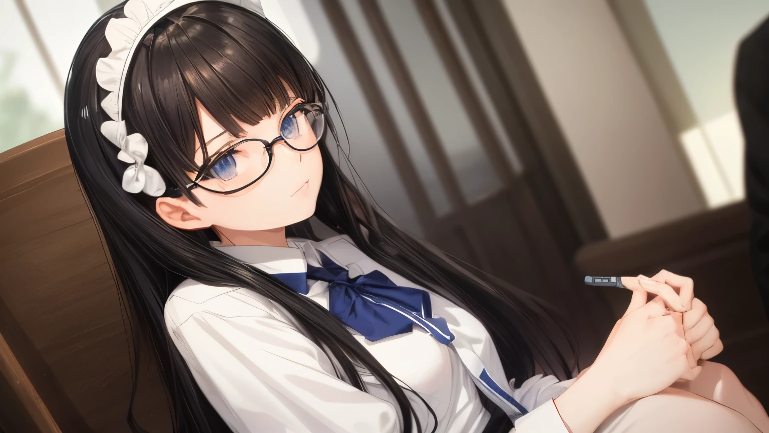 Clean background,1 female,Black Hair, ,,Good style,,(look forward to),Frameless Glasses,blue eyes,(((Evenly space your bangs)))Full body image、look forward toいる、,Full Body Shot, Wide-angle,Maid服、Maid、relaxing、At my desk、Sitting in a chair、I was studying、