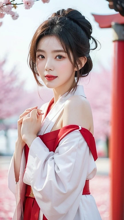 Create a mascot character for a company, designed as a traditional Miko (Shinto shrine maiden). The character must be facing directly forward with her entire body visible and looking straight at the camera. She should have a simple bob haircut in black and wear a traditional white and red Miko outfit, with a white ribbon or hair accessory. Her hands should be held out in front of her, gently encircling the letter "i," which is designed in a heart shape to represent love. The expression on her face should be soft and smiling, conveying warmth and approachability. The primary colors of her outfit are white and red, with pink accents to emphasize the theme of love. The background should feature a soft pink hue with scattered cherry blossom petals, enhancing the gentle and warm atmosphere. It is crucial that the character looks straight at the camera, with her entire body facing forward and her black hair clearly visible. The overall design should be suitable as a company symbol image, with a clean and professional appearance.