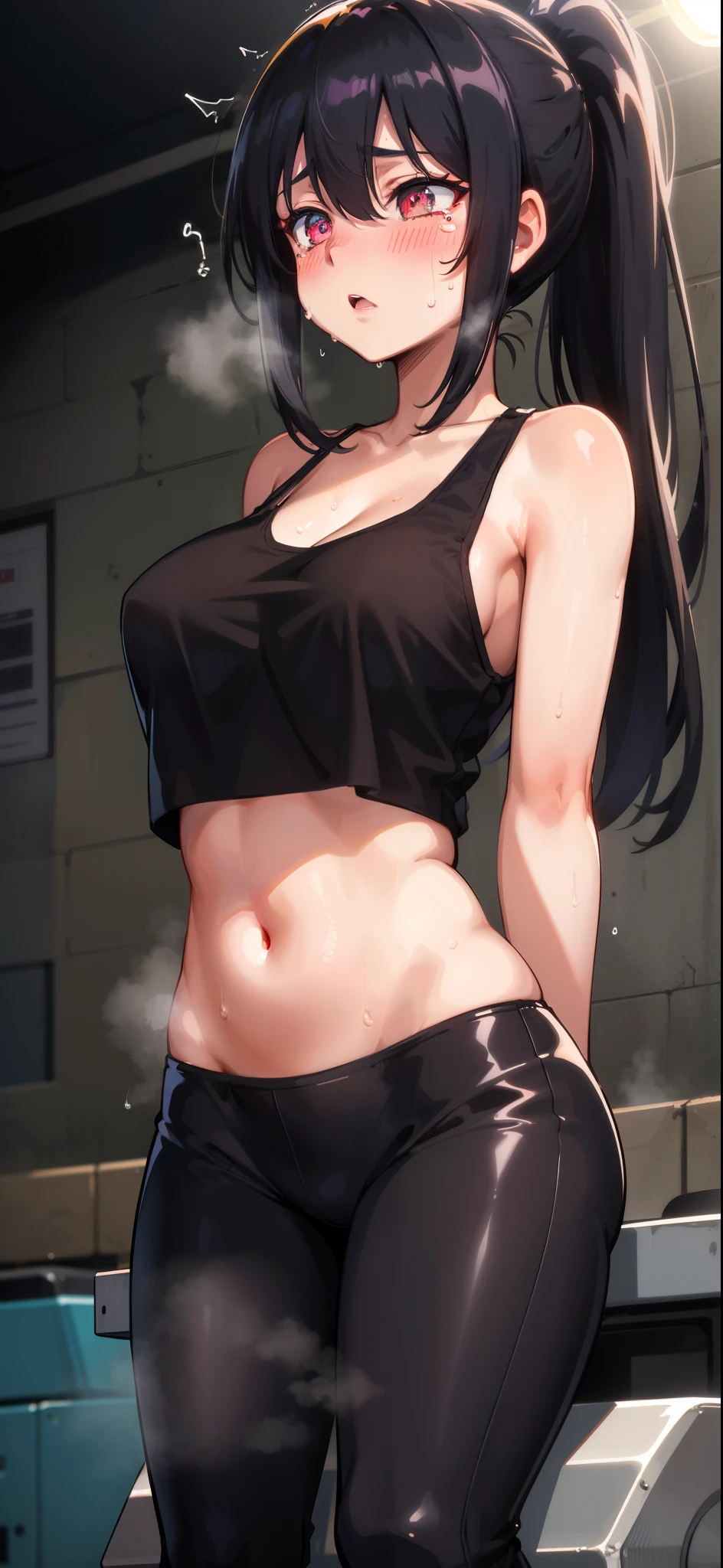 (best quality, 4k, highres, ultra-detailed), riding machine, solo, 1girl, medium breasts, long hair, cropped tank top, healthy skin, ultra-detailed eyes, glowing eyes, blush, breasts, navel, trembling, sweat, tears, steaming body, red_eyes, black hair, detailed eyes, ponytail 